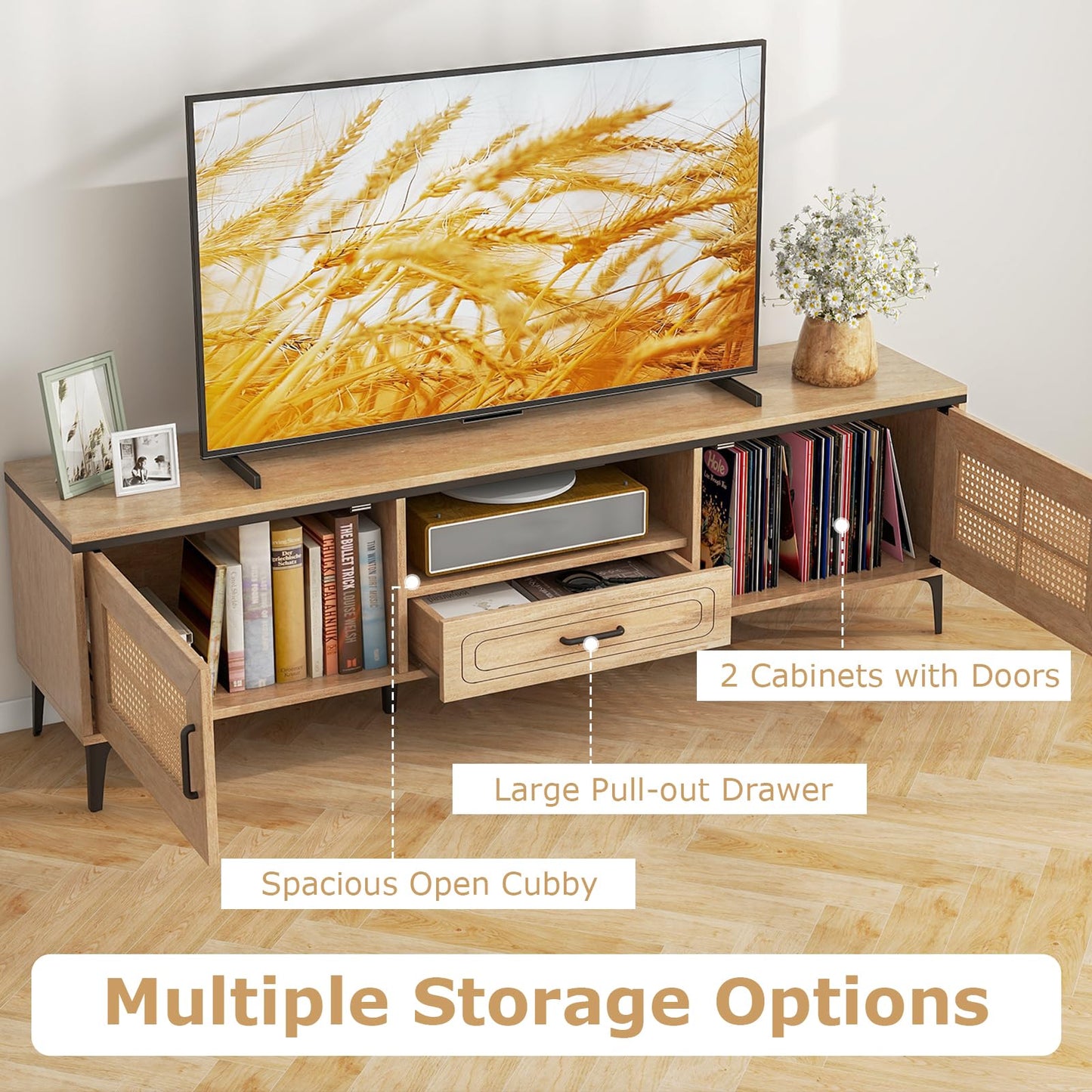 Tangkula Boho TV Stand Mid Century Modern Media Entertainment Center with Drawer