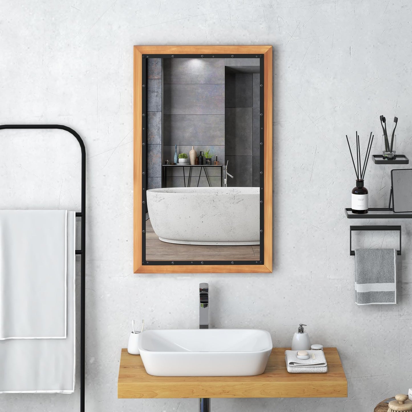 Miroir rustique en bois Tangkula, miroir mural rectangulaire avec cadre et panneau arrière