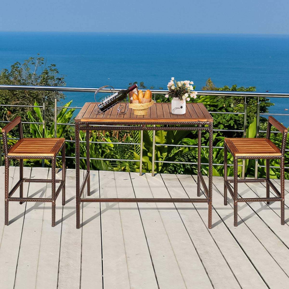Tangkula 3 PCS Patio Bar Table Set, Outdoor Rattan Bar Set Bistro Set with Acacia Wood Top