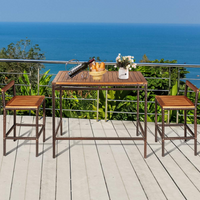 Tangkula 3 PCS Patio Bar Table Set, Outdoor Rattan Bar Set Bistro Set with Acacia Wood Top