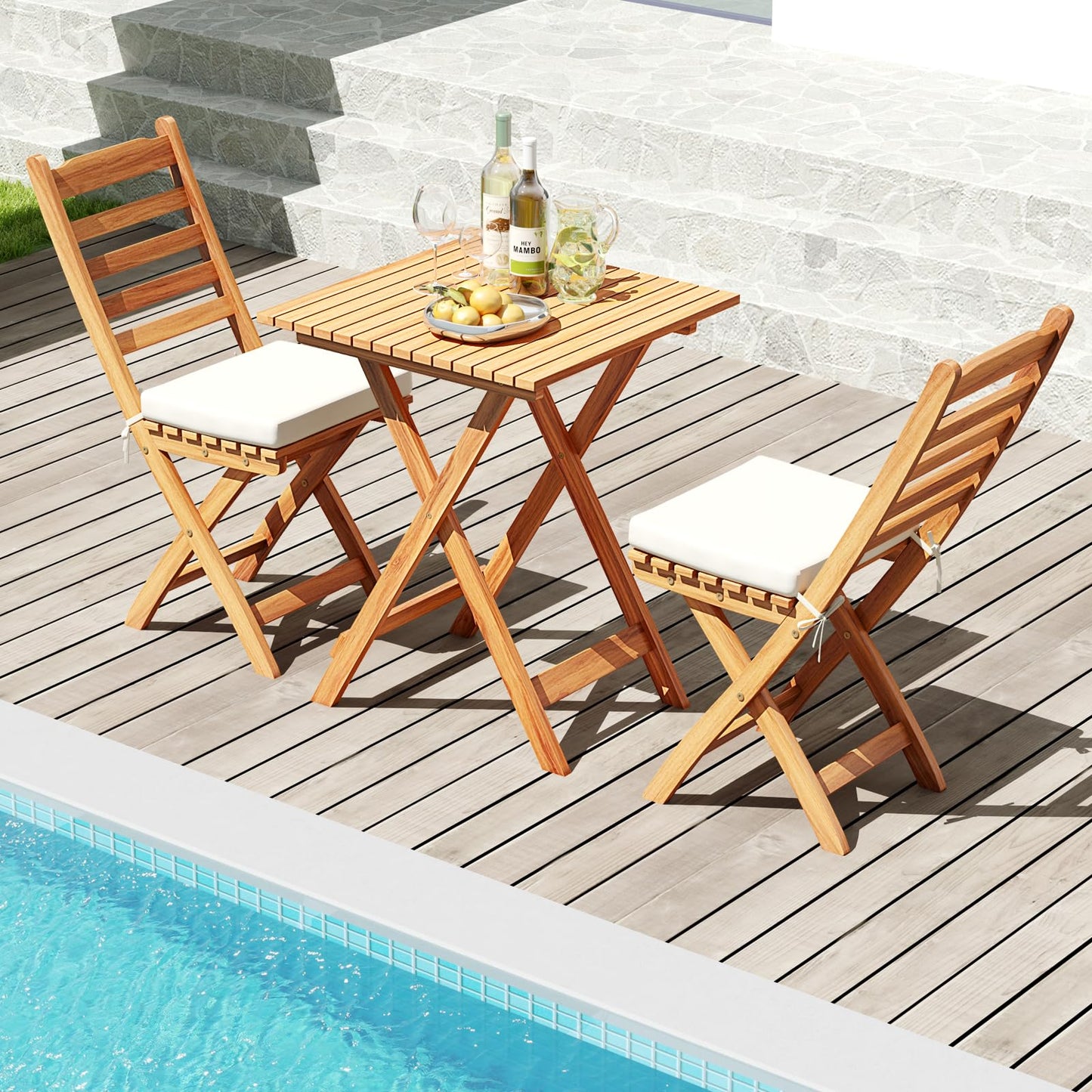 Tangkula Outdoor Wood Bistro Set Folding Chair Table Set