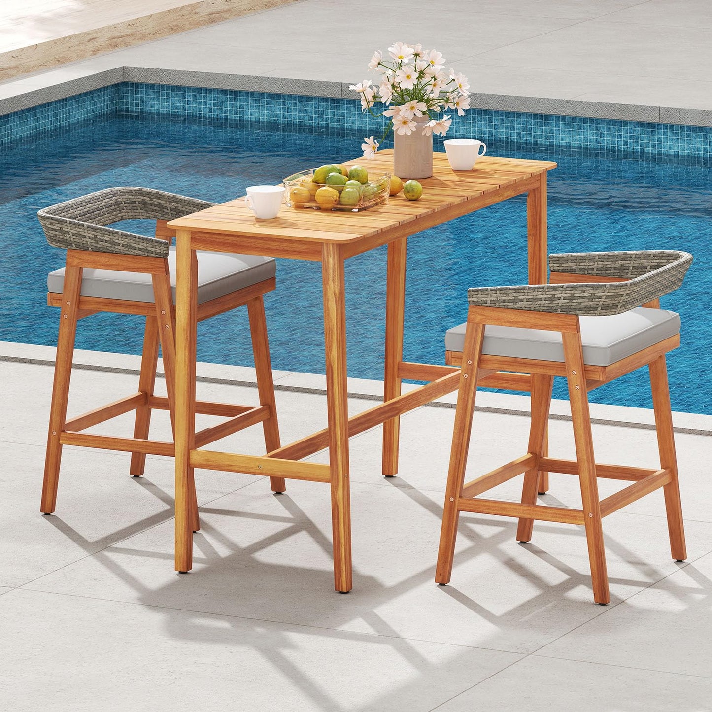 Tangkula Patio Bar Table 54” x 22” Acacia Wood Counter Height Table