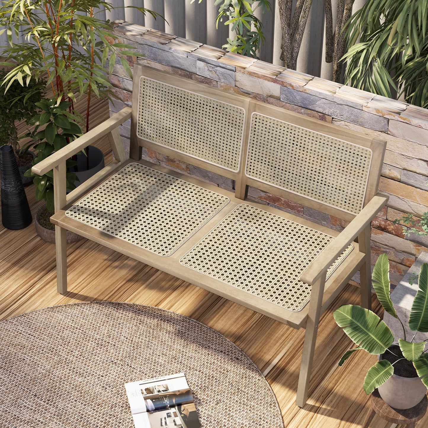 Tangkula Outdoor Teak Wood Garden Bench, 2-Person Patio Bench