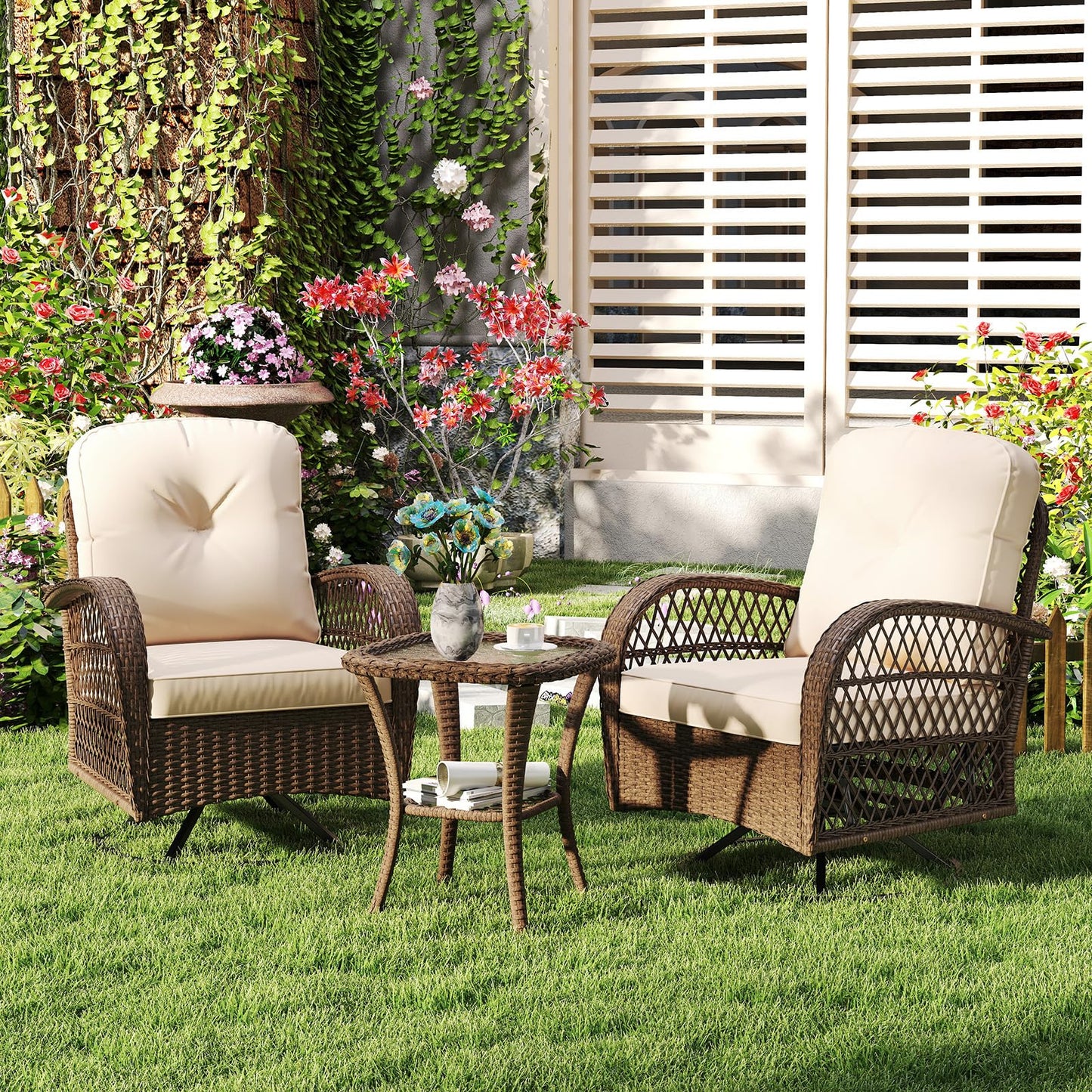 Tangkula 3 Piece Patio Swivel Rocker Set 2 Outdoor Wicker Rocking Chairs