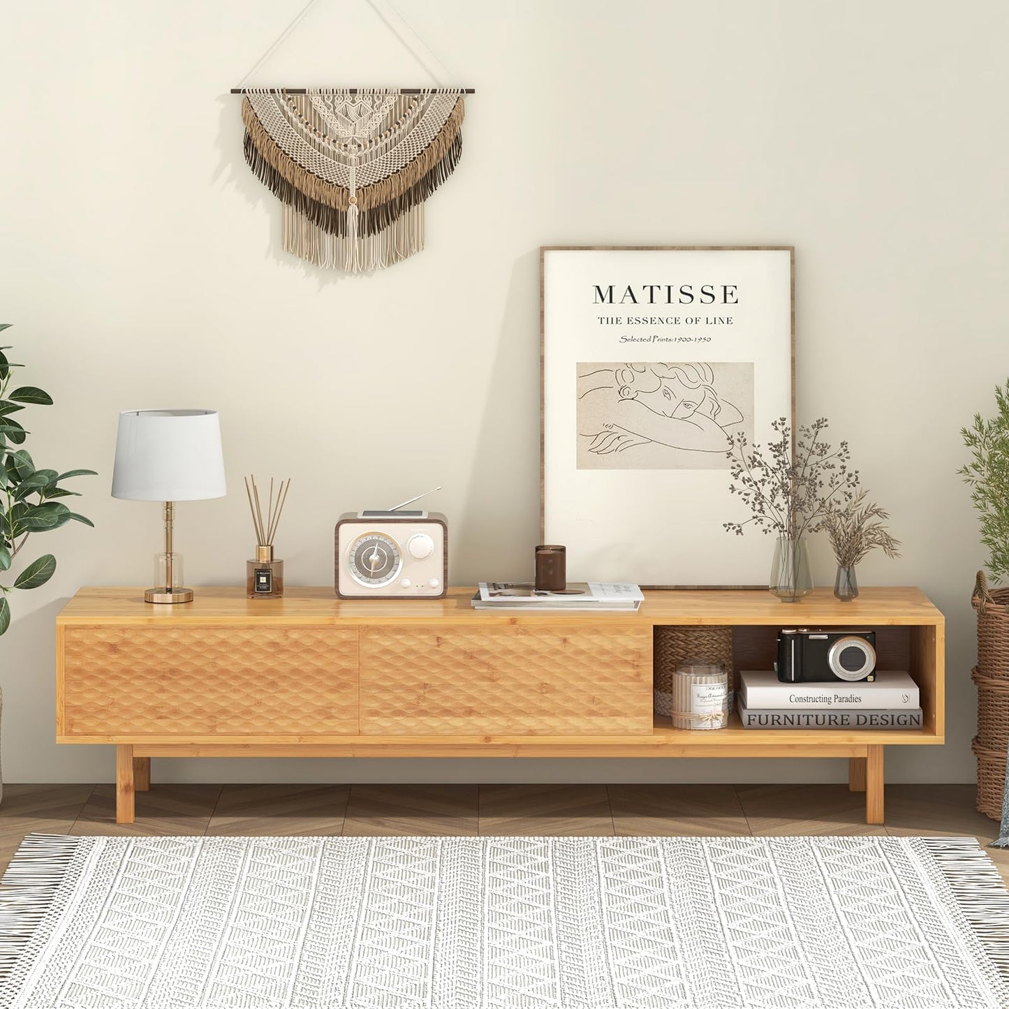 Tangkula Bamboo TV Stand for 65” 70” TVs