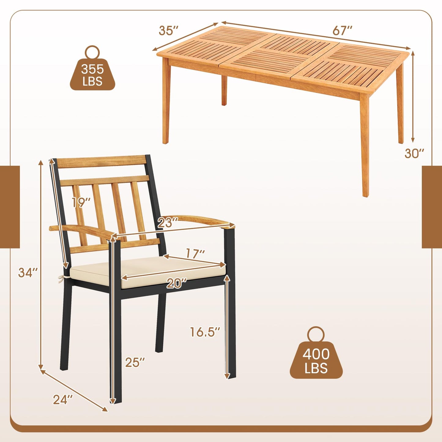 Tangkula Ensemble de 7 pièces de salle à manger d'extérieur en bois avec trou pour parasol