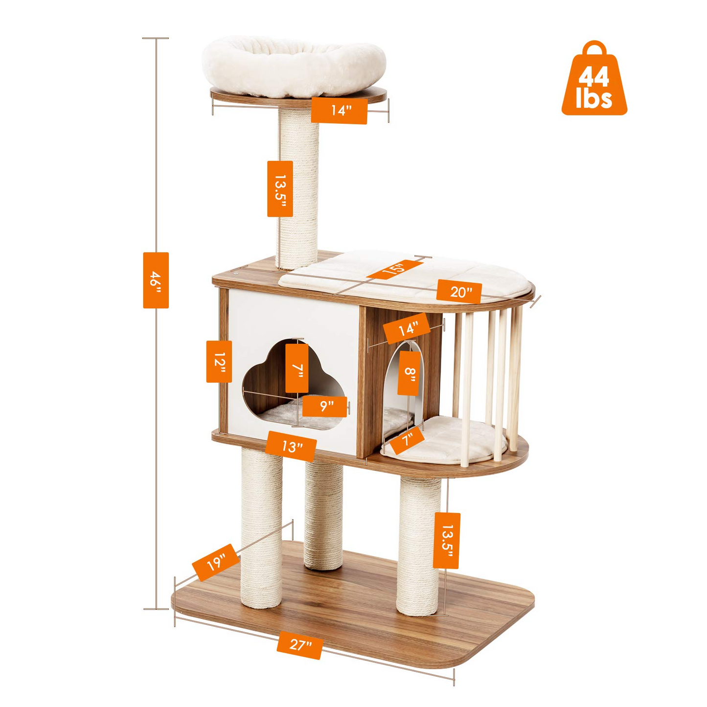 Modern Wood Cat Tree, 46 Inches Cat Tower with Platform - Tangkula