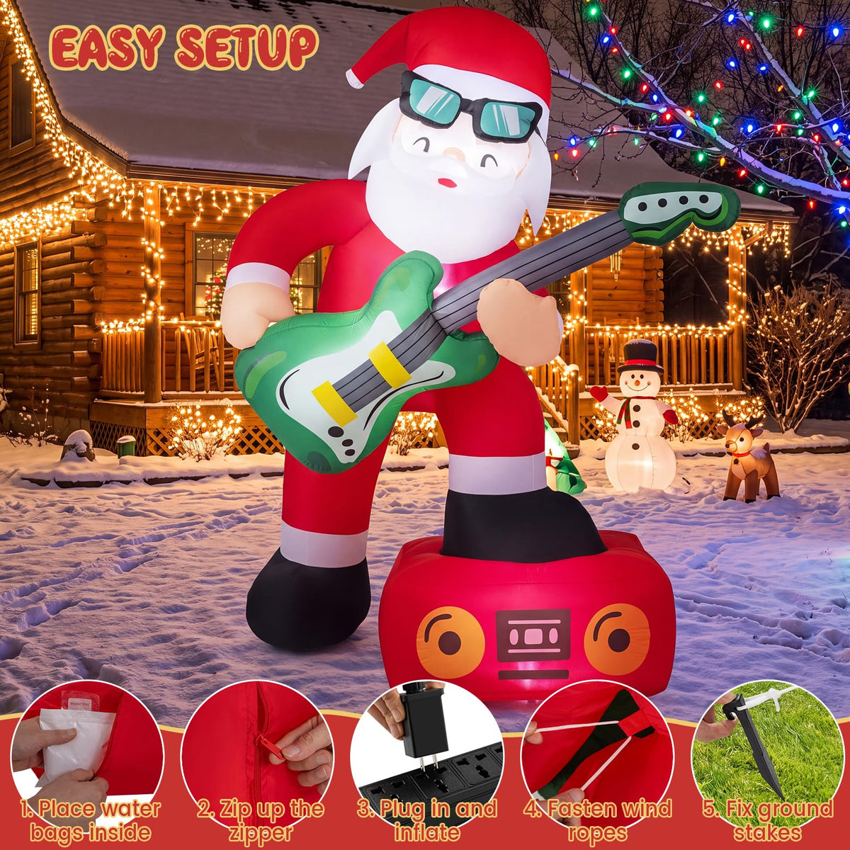 Tangkula 8 FT Christmas Inflatable Santa Claus Plays Guitar Decoration