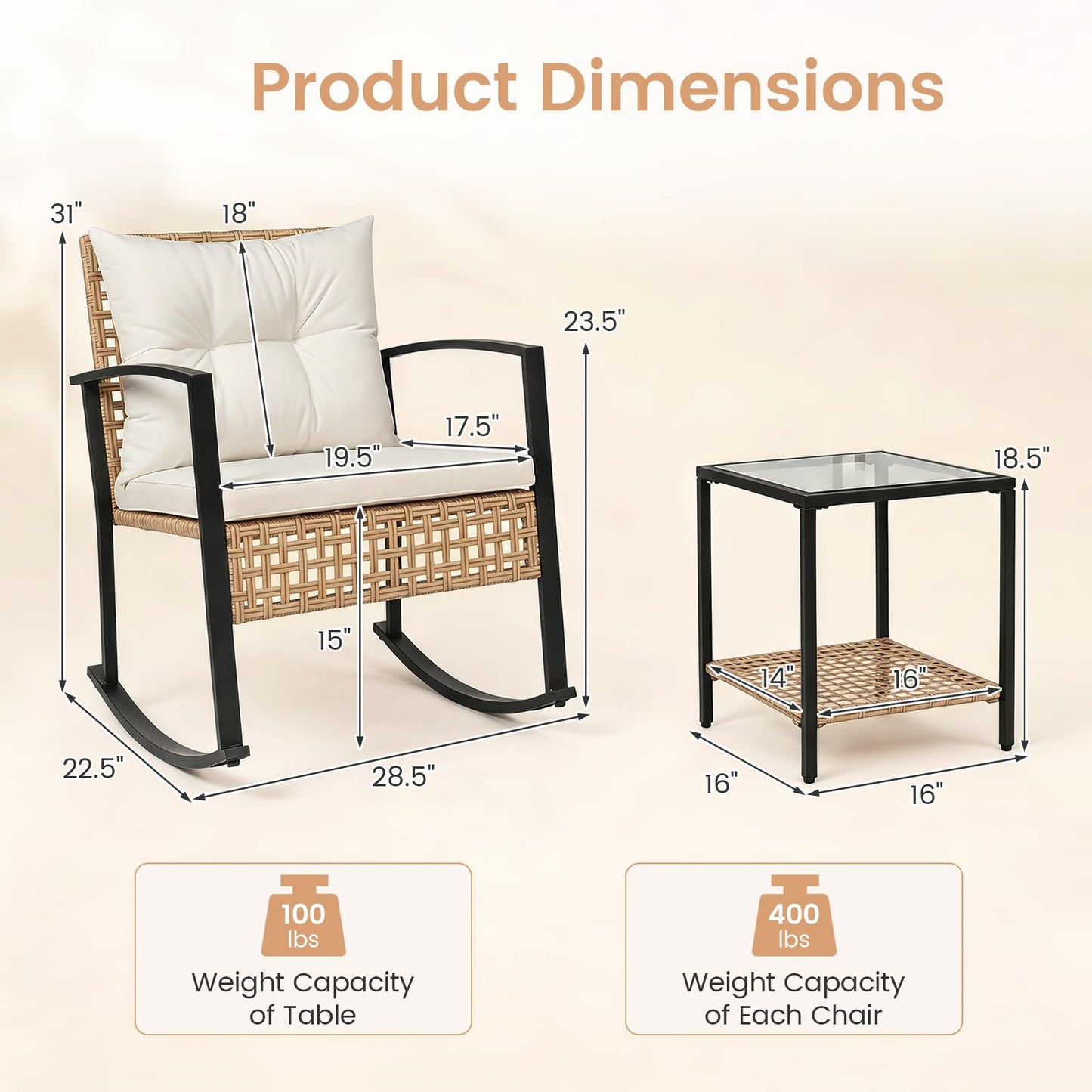 Tangkula 3-Piece Outdoor Rocking Chair Set for Garden