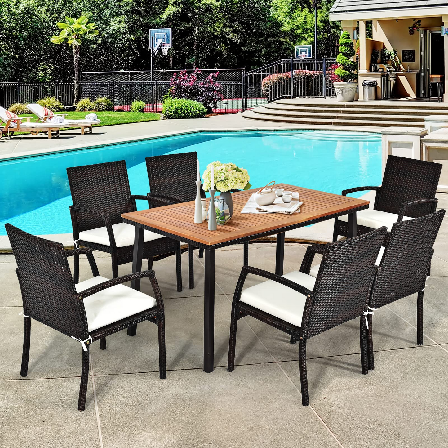 Tangkula 7 Pieces Outdoor Dining Set, Steel Frame Patio Dining Table Set w/ 6 Rattan Armrest Chairs