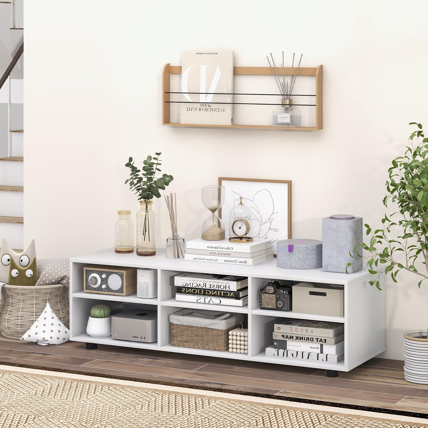 Tangkula White TV Stand for TV up to 55 Inch, TV Console Table with 6 Cubbies, 5 Positions Adjustable Shelves