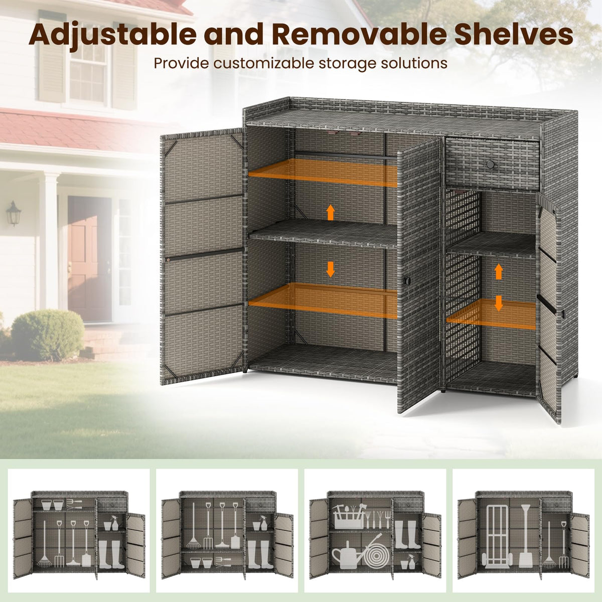 Tangkula Rattan Outdoor Storage Cabinet with 2 Adjustable Shelves