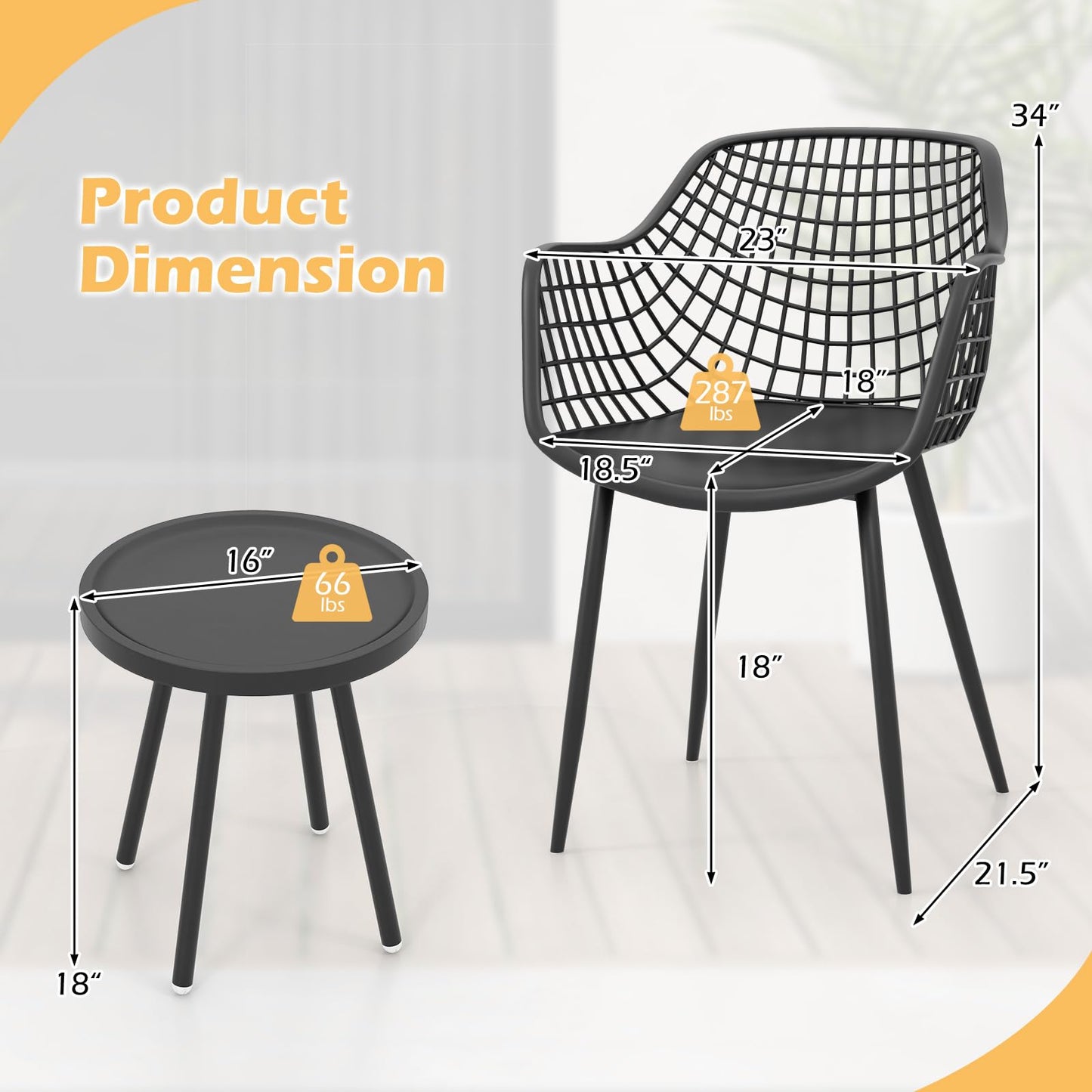 Tangkula 3 Piece Patio Bistro Set, All Weather Heavy Duty Table and Chairs Set of 2 with Widen Seats