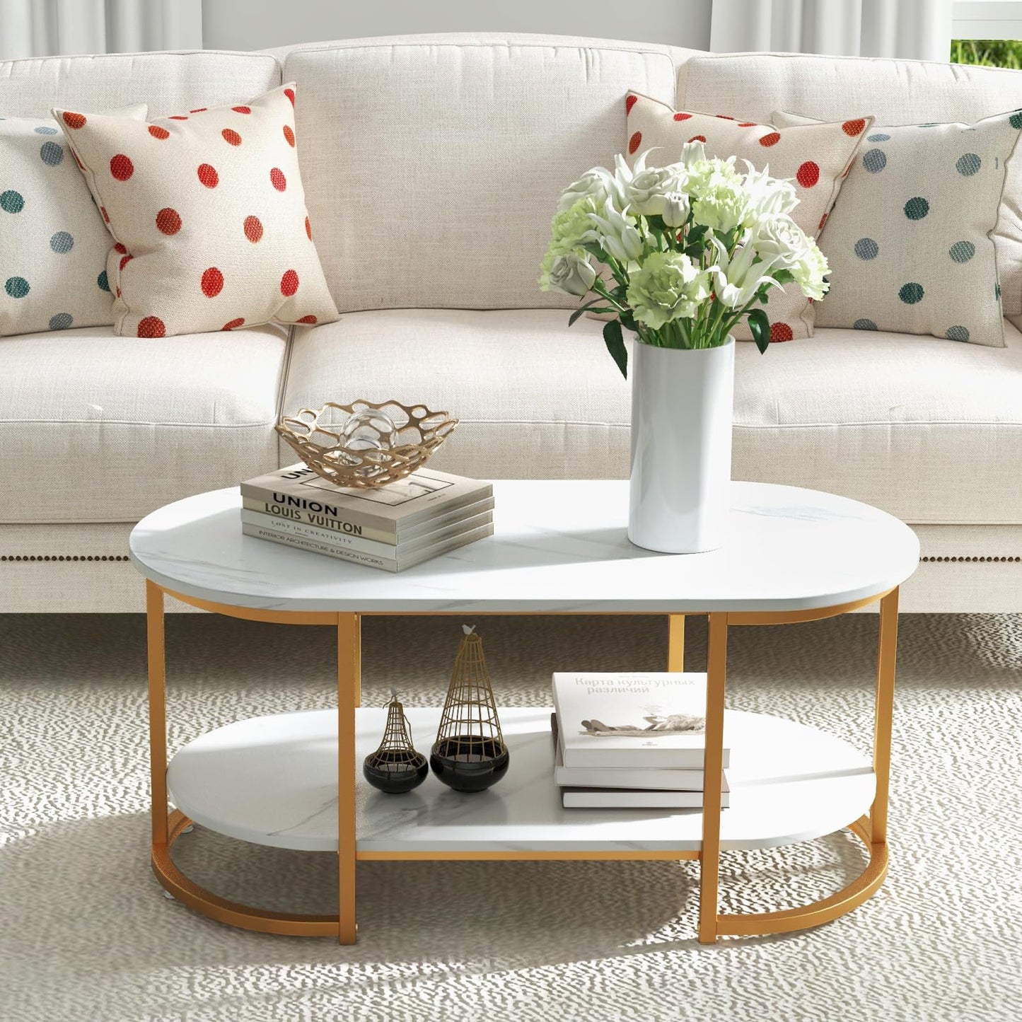 Tangkula Table basse moderne, table centrale ovale de 99 cm avec plateau en faux marbre blanc et cadre en métal doré (moderne, blanc, 99 cm)