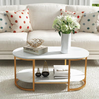 Tangkula Table basse moderne, table centrale ovale de 99 cm avec plateau en faux marbre blanc et cadre en métal doré (moderne, blanc, 99 cm)
