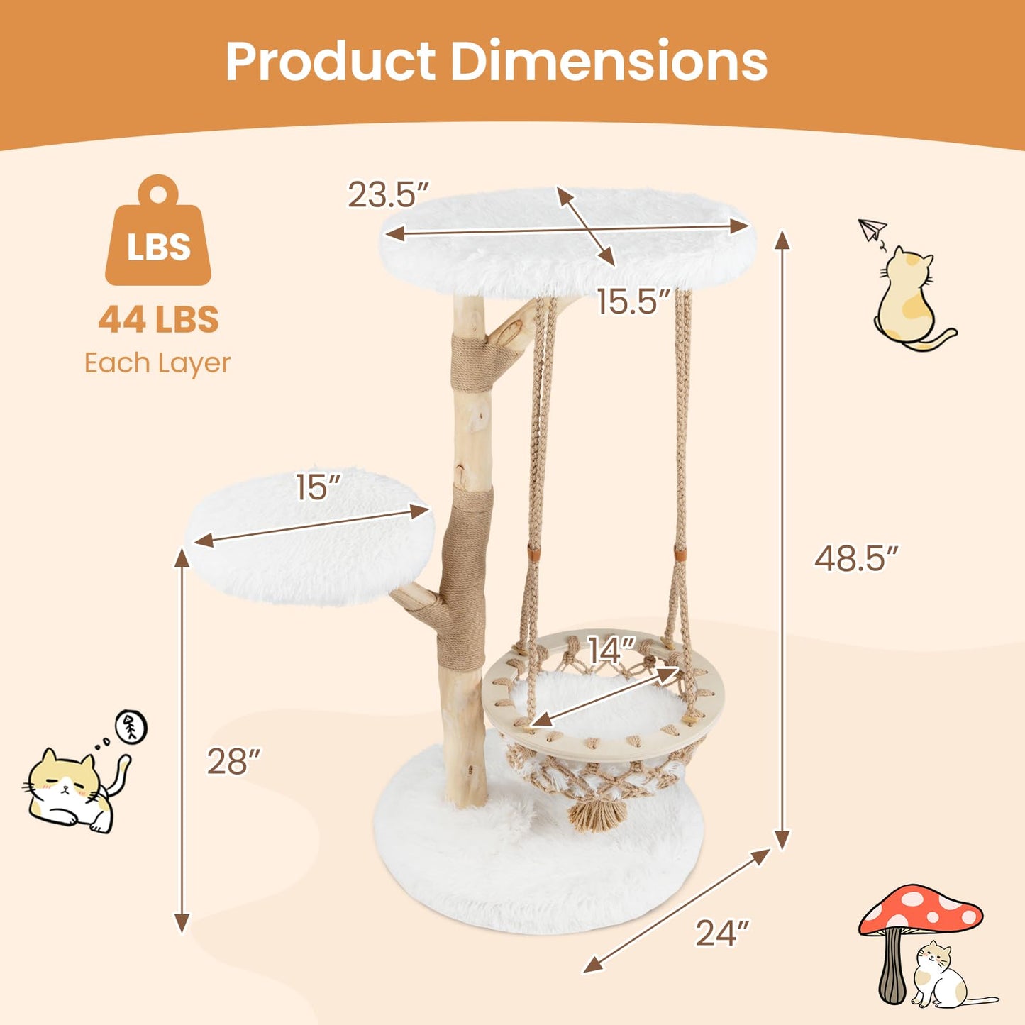 Tangkula 48.5” Natural Branch Modern Cat Tower with Luxury Hanging Cradle