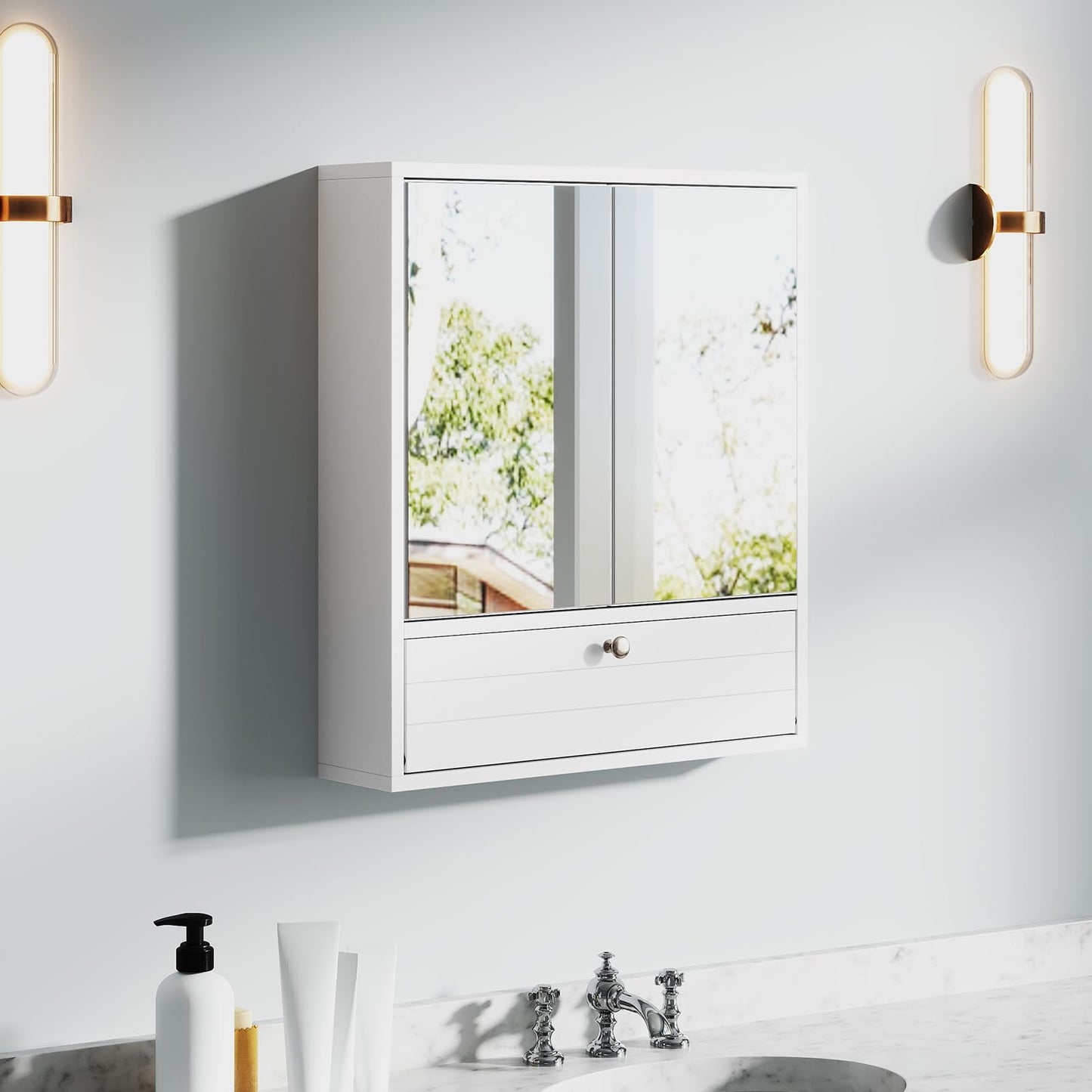 Tangkula Bathroom Cabinet with Double Mirror Doors