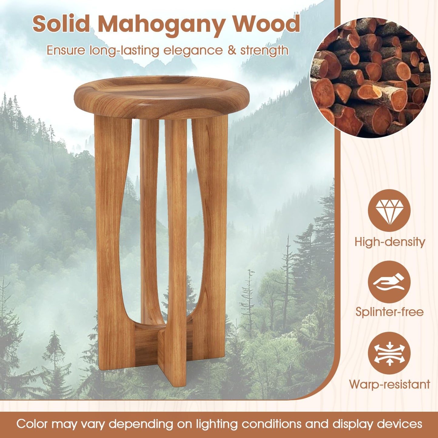Table d'appoint Tangkula 14" en acajou avec plateau rond et pieds croisés en bois massif