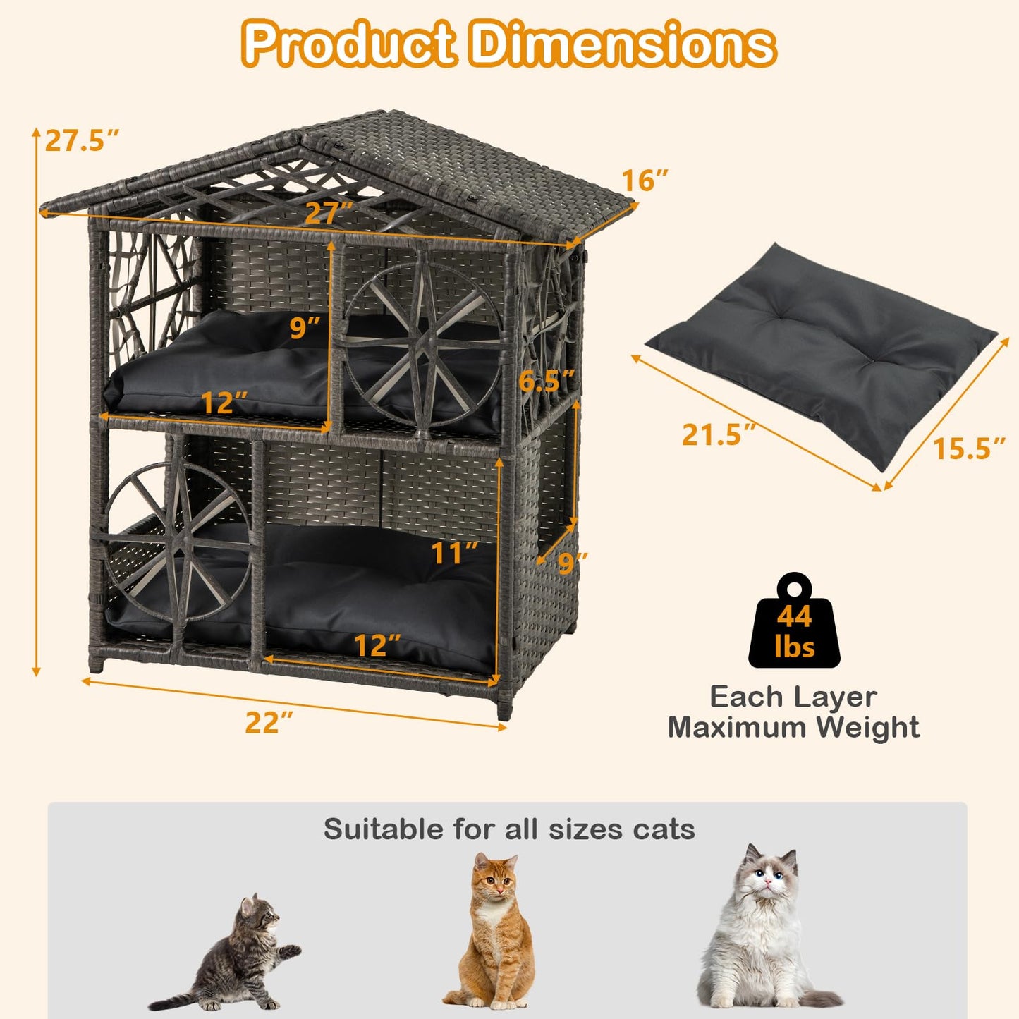 Niche pour chat Tangkula à 2 étages en osier, enclos pour chaton en rotin avec coussins amovibles
