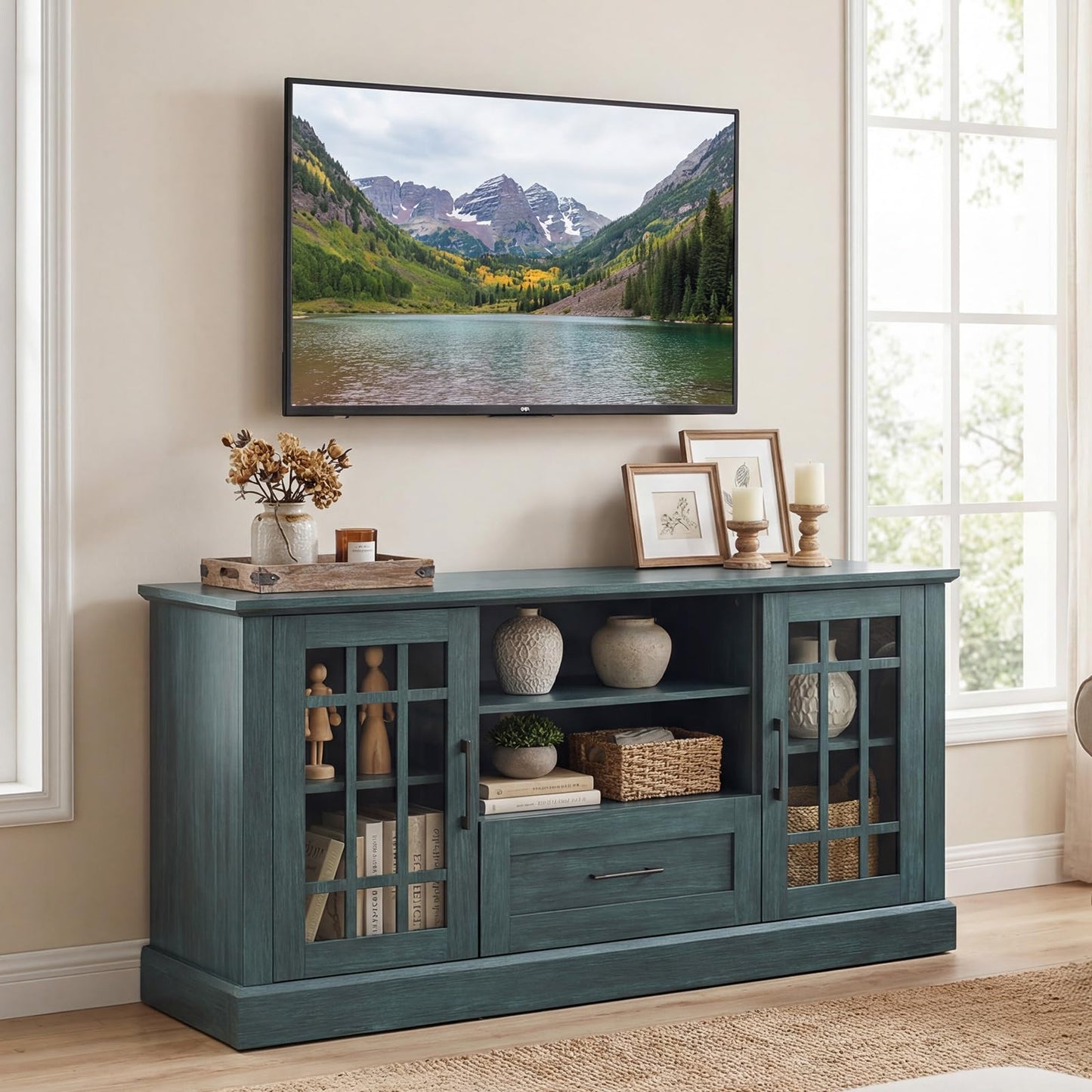Tangkula Farmhouse TV Stand for TV up to 65 70 Inches