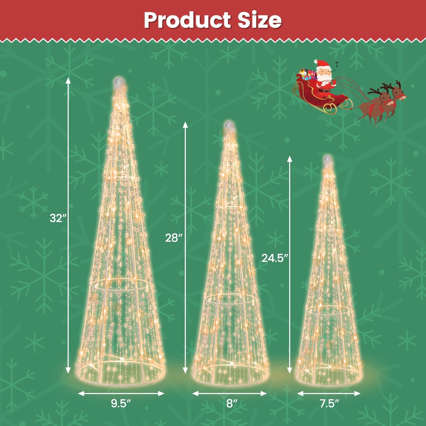 Tangkula Set of 3 Lighted Christmas Cone Trees Xmas Decorative Conic Tree Set
