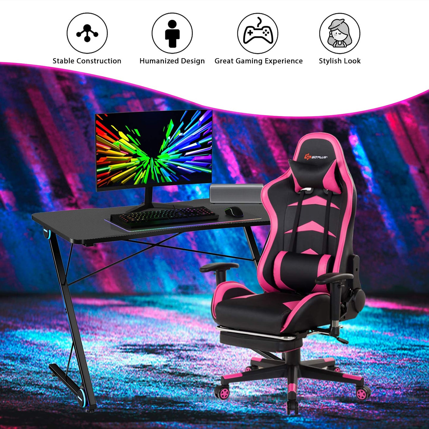 Tangkula Gaming Desk with LED Lights & Large Carbon Fiber Surface