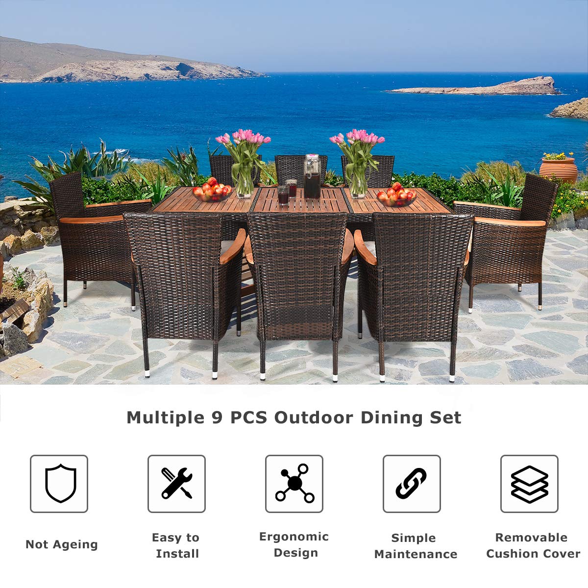 Tangkula 9 Piece Outdoor Dining Set with Acacia Wood Table and Stackable Armrest Chairs