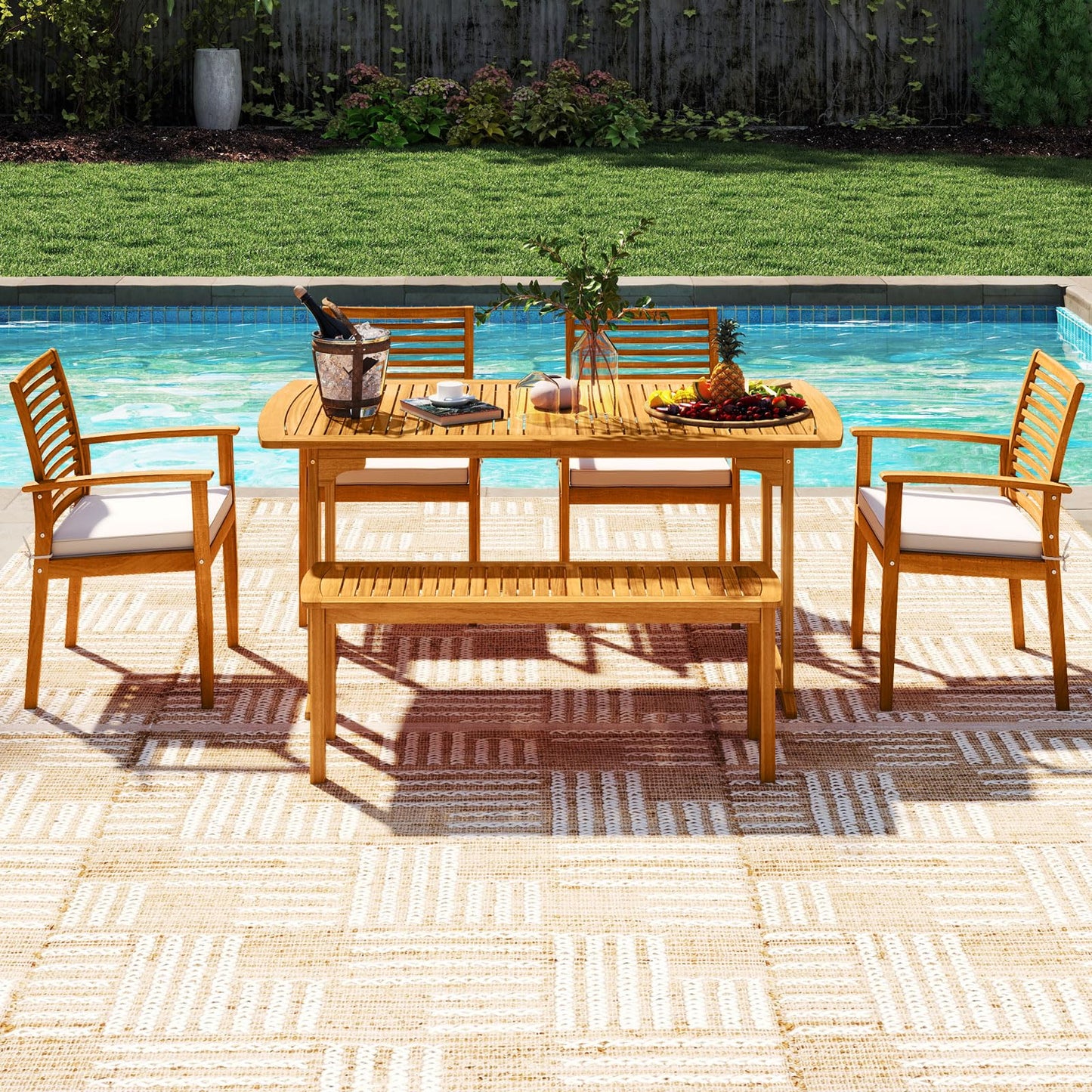 Tangkula 6 Pieces Outdoor Acacia Wood Dining Set for Backyard Garden Poolside Deck