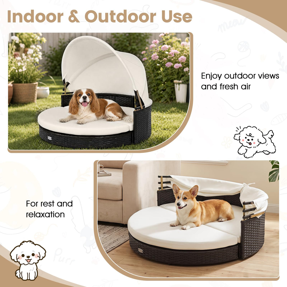 Tangkula Wicker Dog House with Retractable Canopy