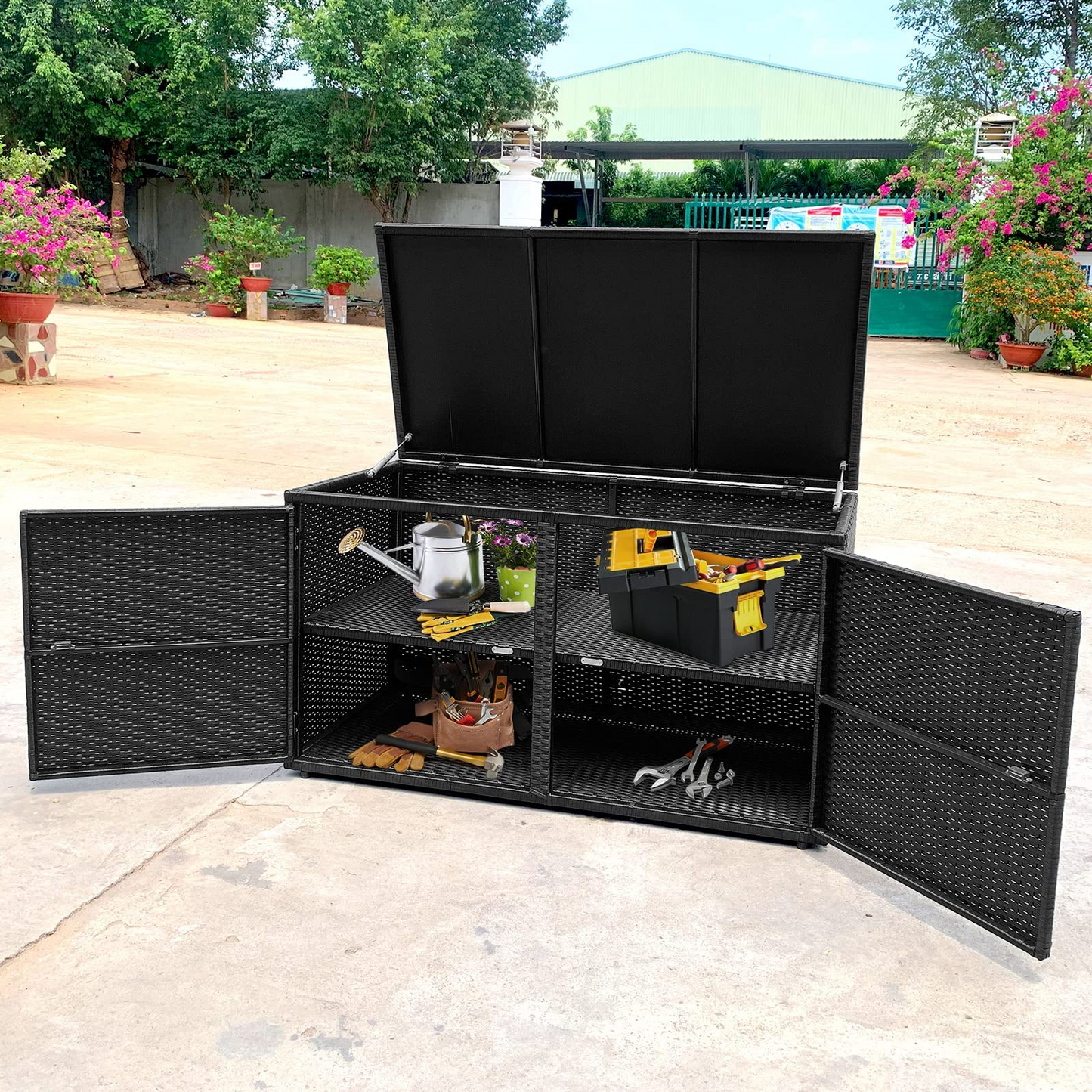 Tangkula Outdoor Wicker Storage Box, Garden Deck Bin with Steel Frame