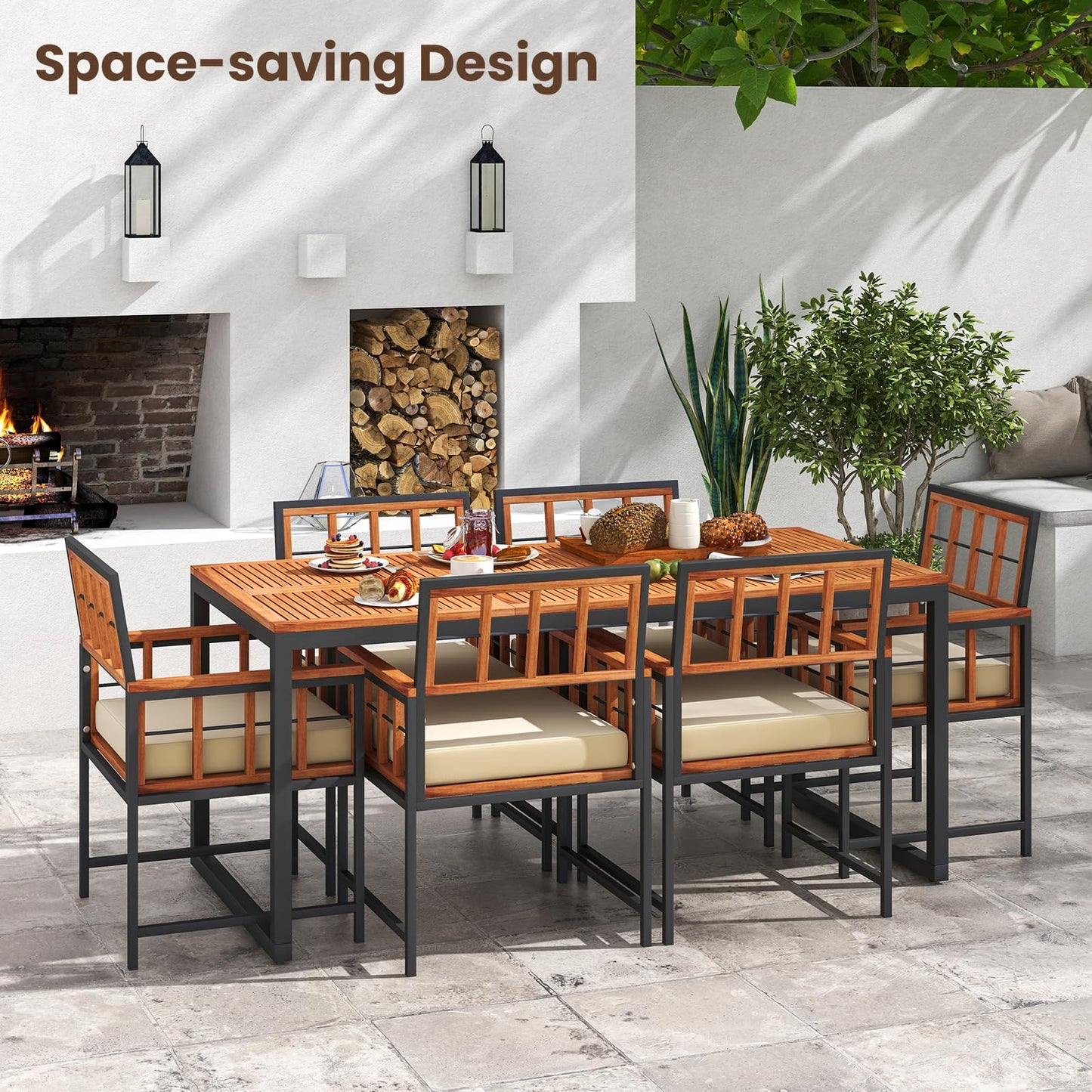 Tangkula Lot de 6 chaises de patio en bois d'acacia
