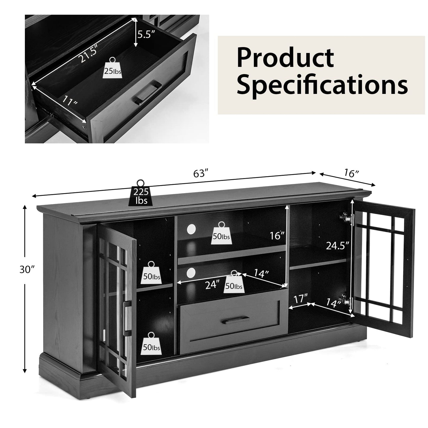Tangkula Farmhouse TV Stand for TV up to 70 Inch, Tall Media Console Table with 2 Glass Doors