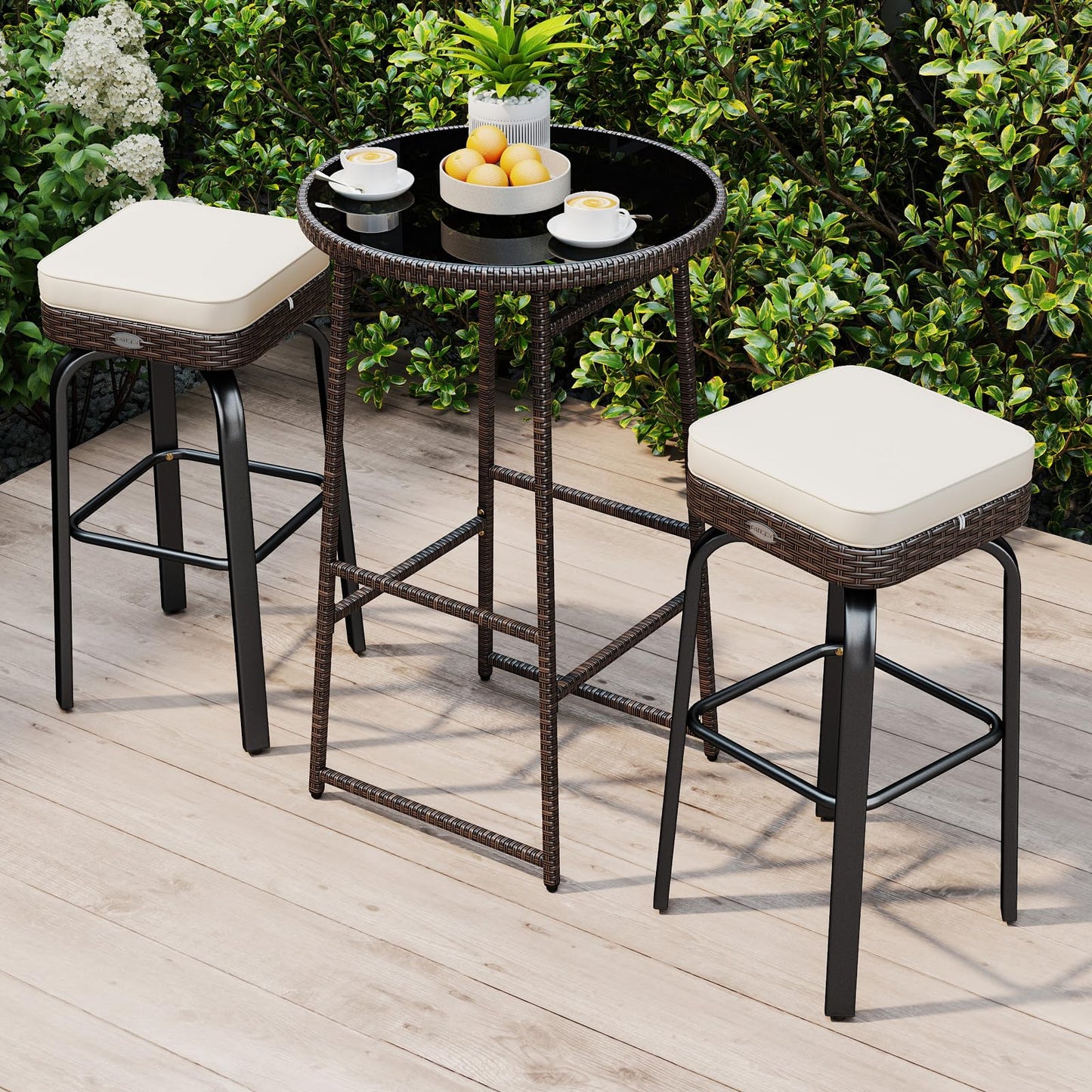 Tangkula 3 Pieces Outdoor Swivel Bar Set with 2 Cushioned Stools