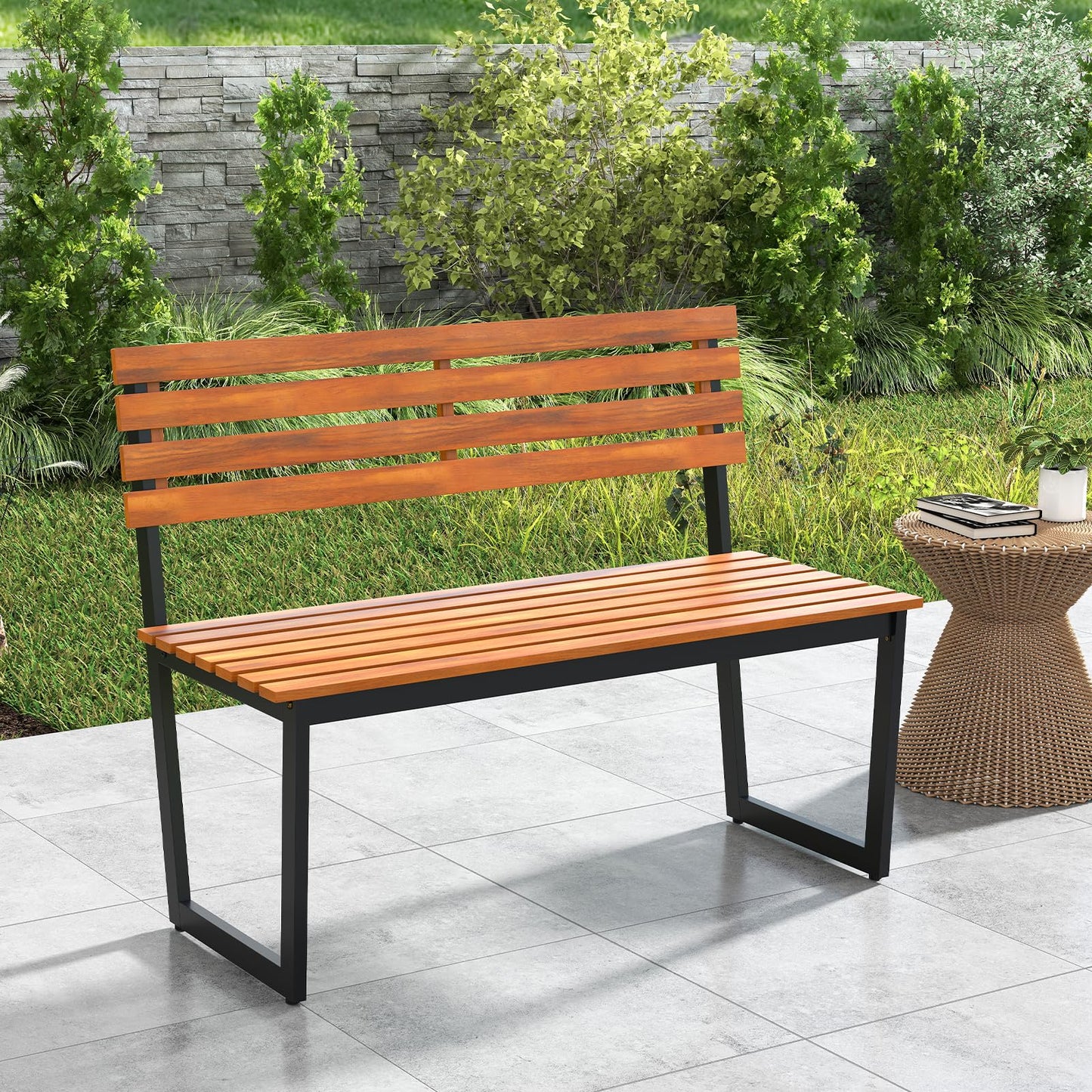 Banc d'extérieur en bois Tangkula 43" avec cadre métallique robuste