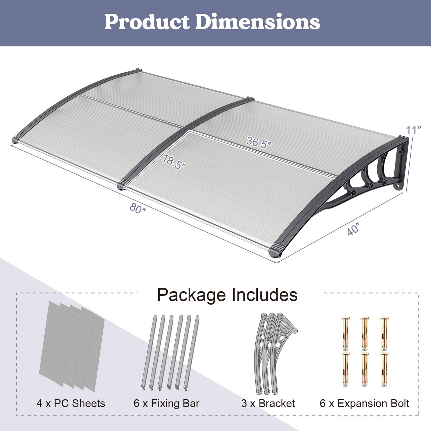 Tangkula 40" x 80" Window Awning with Hollow Sheet for Rain Snow Sunlight Protection