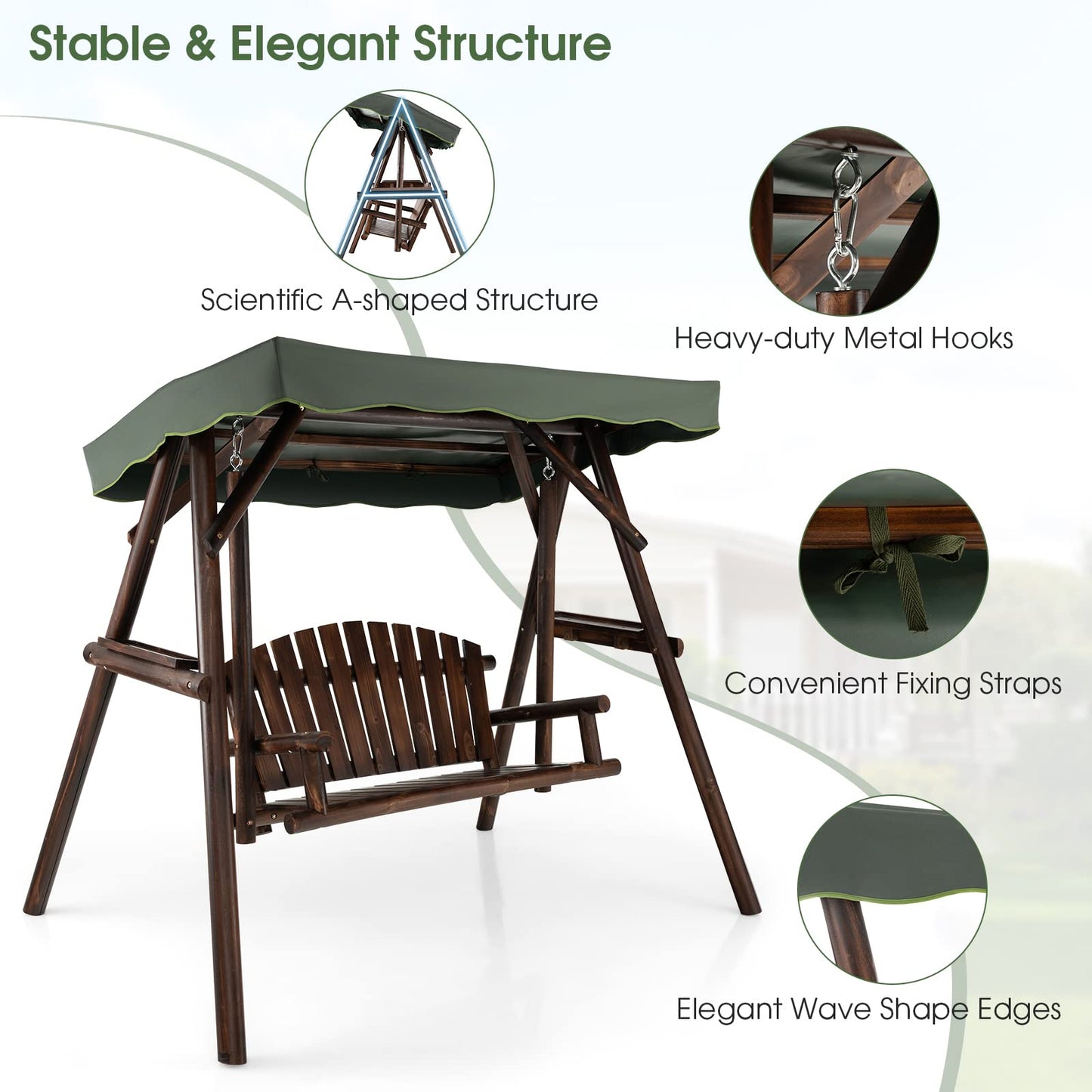 Tangkula Wooden Porch Swing 2 Person A-Frame