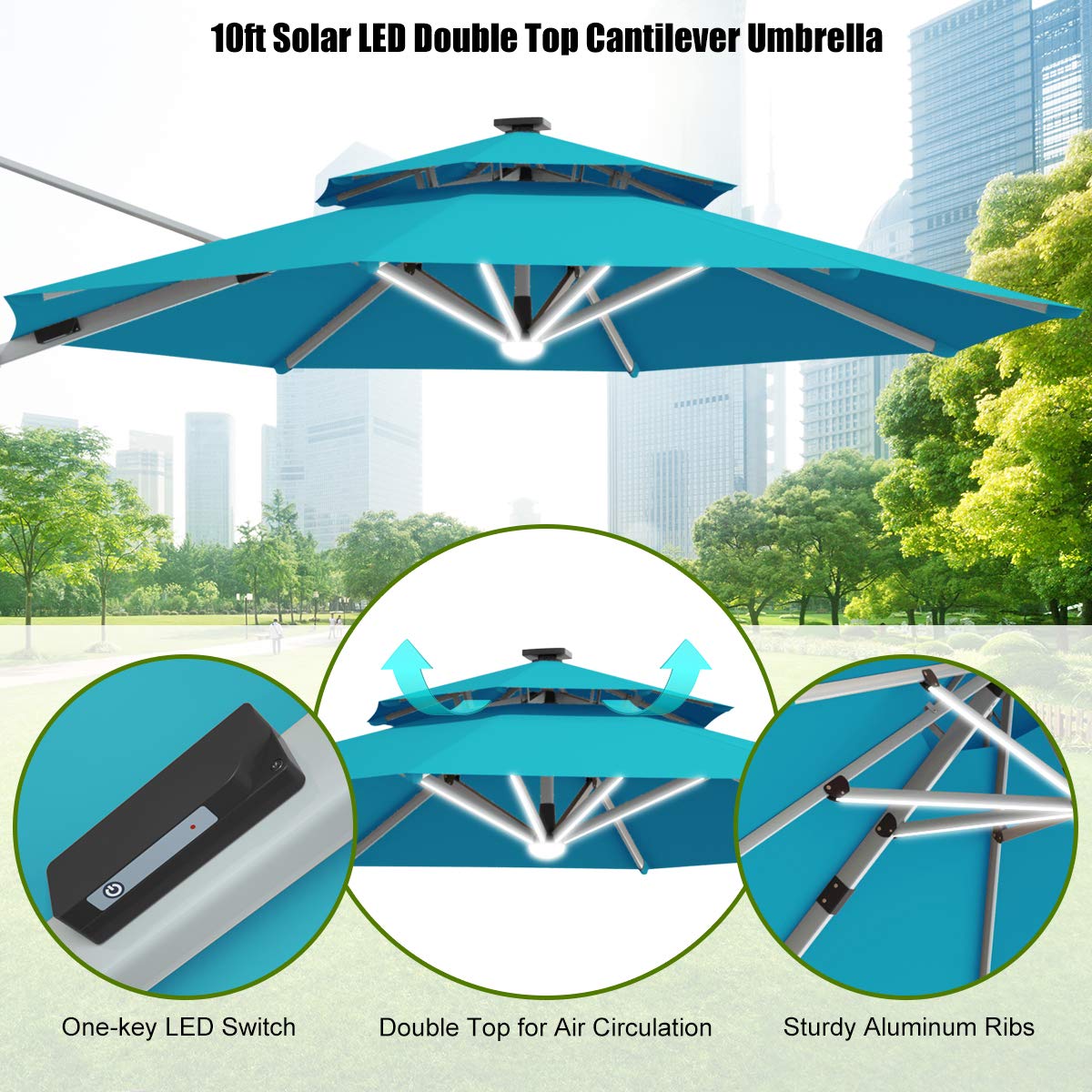 Tangkula 10 FT LED Cantilever Offset Hanging Patio Umbrella with Weight Base