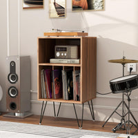 Tangkula Record Player Stand with Charging Station, Turntable Stand with Metal Legs, Vinyl Record Storage Cabinet