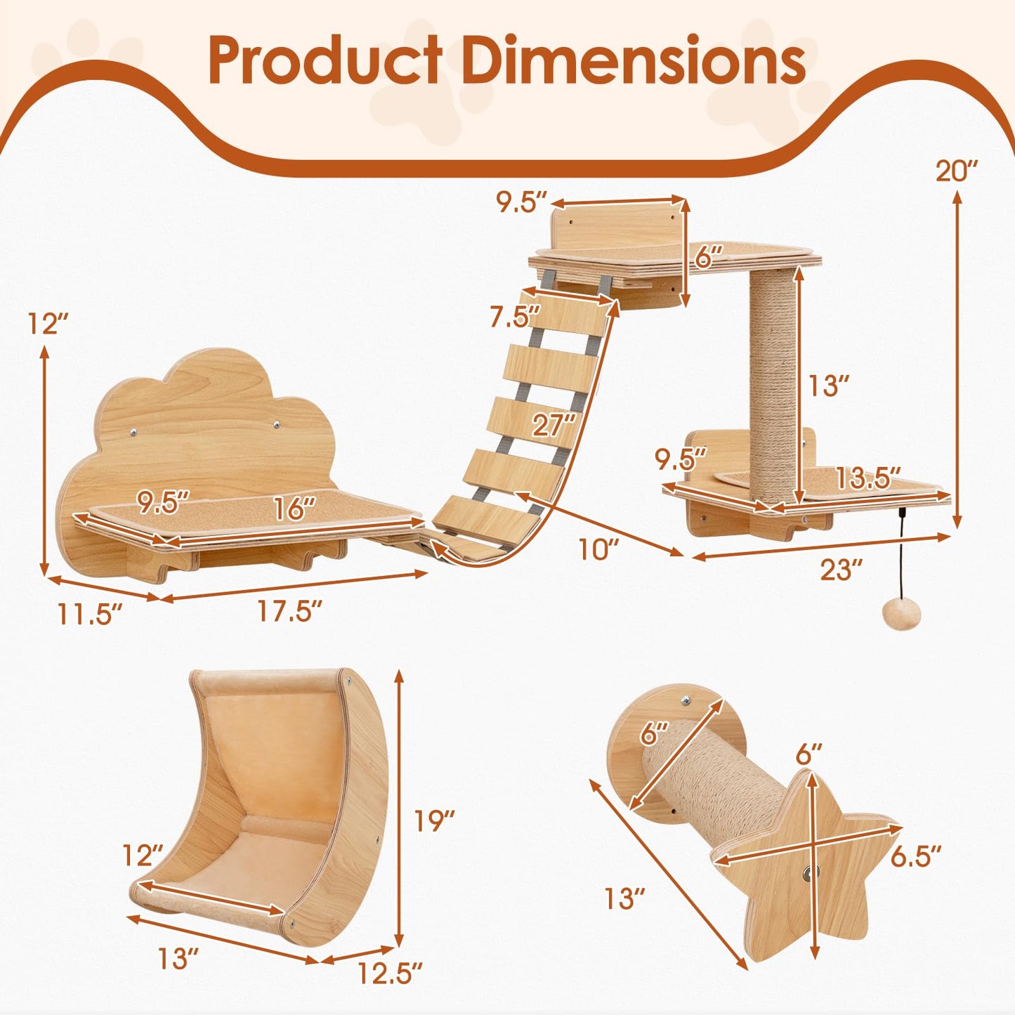 Tangkula Cat Wall Shelves | 6 Pieces Wooden Wall Mounted Kitten Furniture Set with Hammock