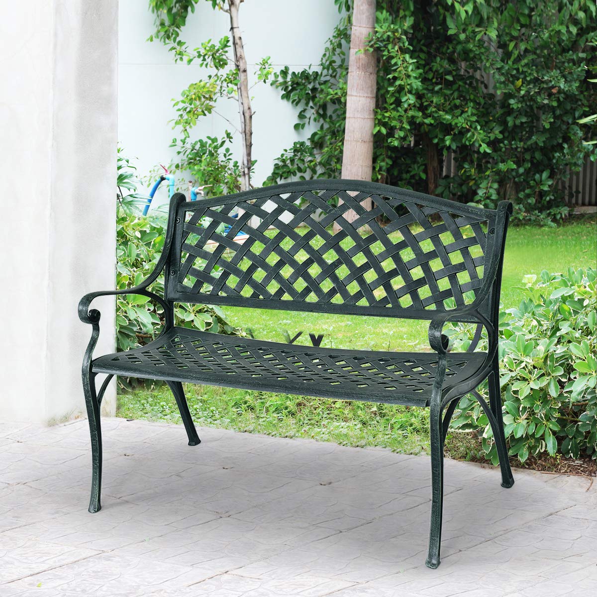 Outdoor Garden Bench Park Bench, All-Weather Cast Aluminum Patio Bench Chair Porch Loveseat