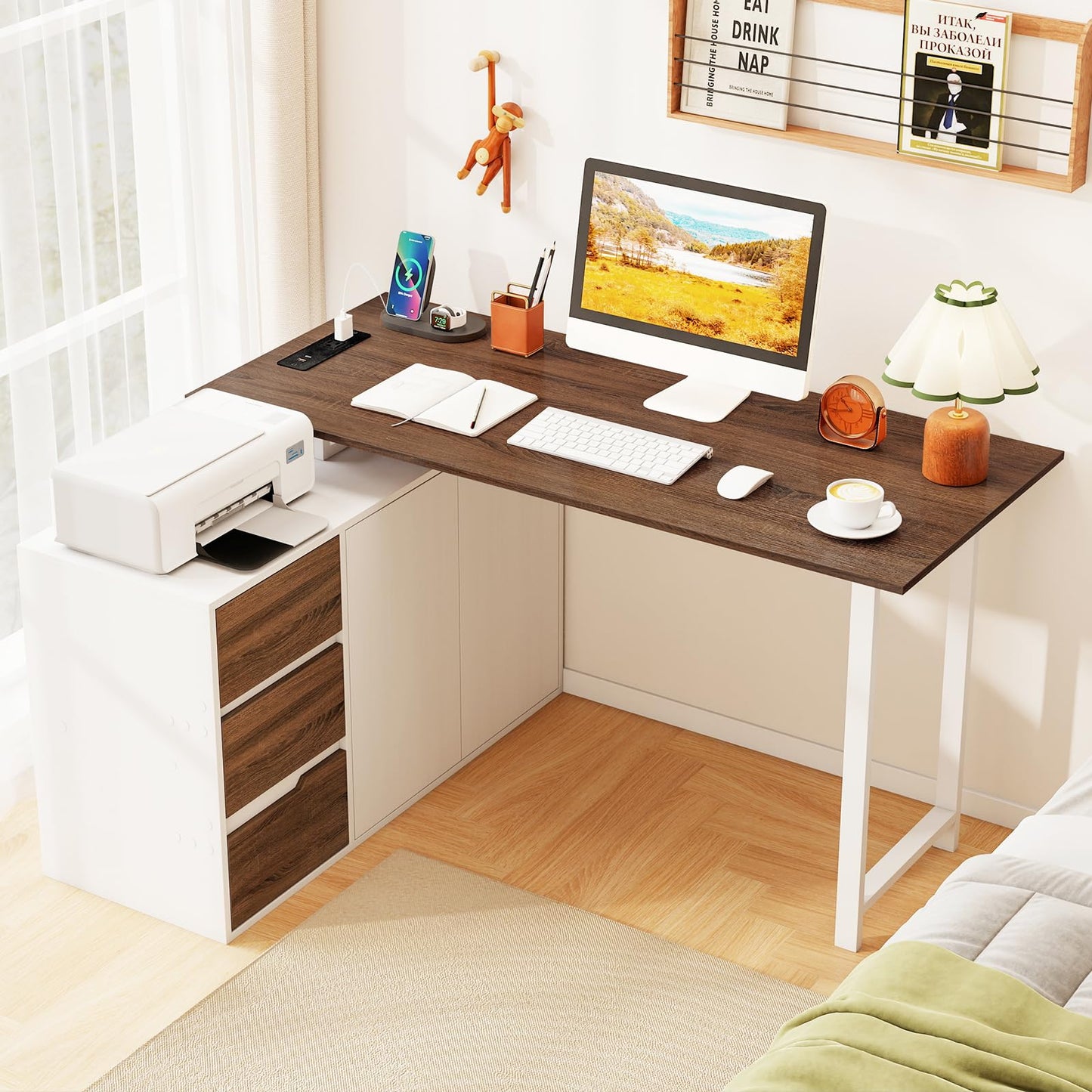 Tangkula Reversible L-Shaped Desk with File Cabinet & 3 Drawers