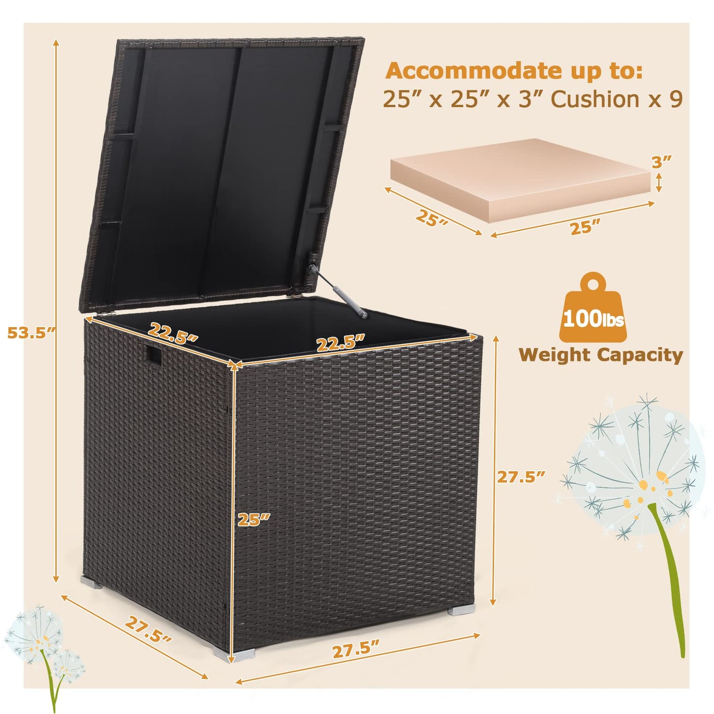 Tangkula 72 Gallon Square Deck Box, Patio Mix Brown Rattan Storage Container