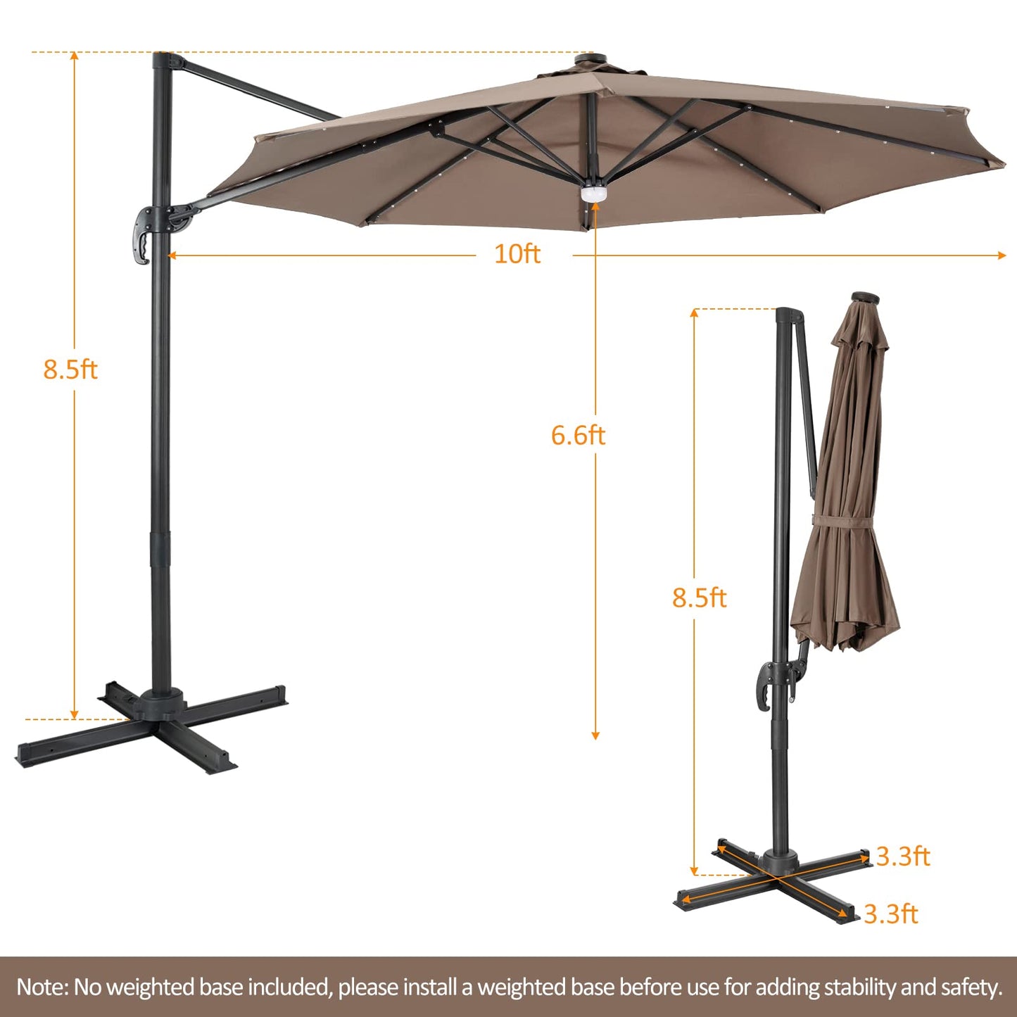 Tangkula 10FT Patio Cantilever Umbrella With 28 LED Lights