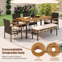 Tangkula Ensemble de 6 meubles de salle à manger d'extérieur avec trou pour parasol de 5 cm, banc sans dossier rembourré et 4 fauteuils