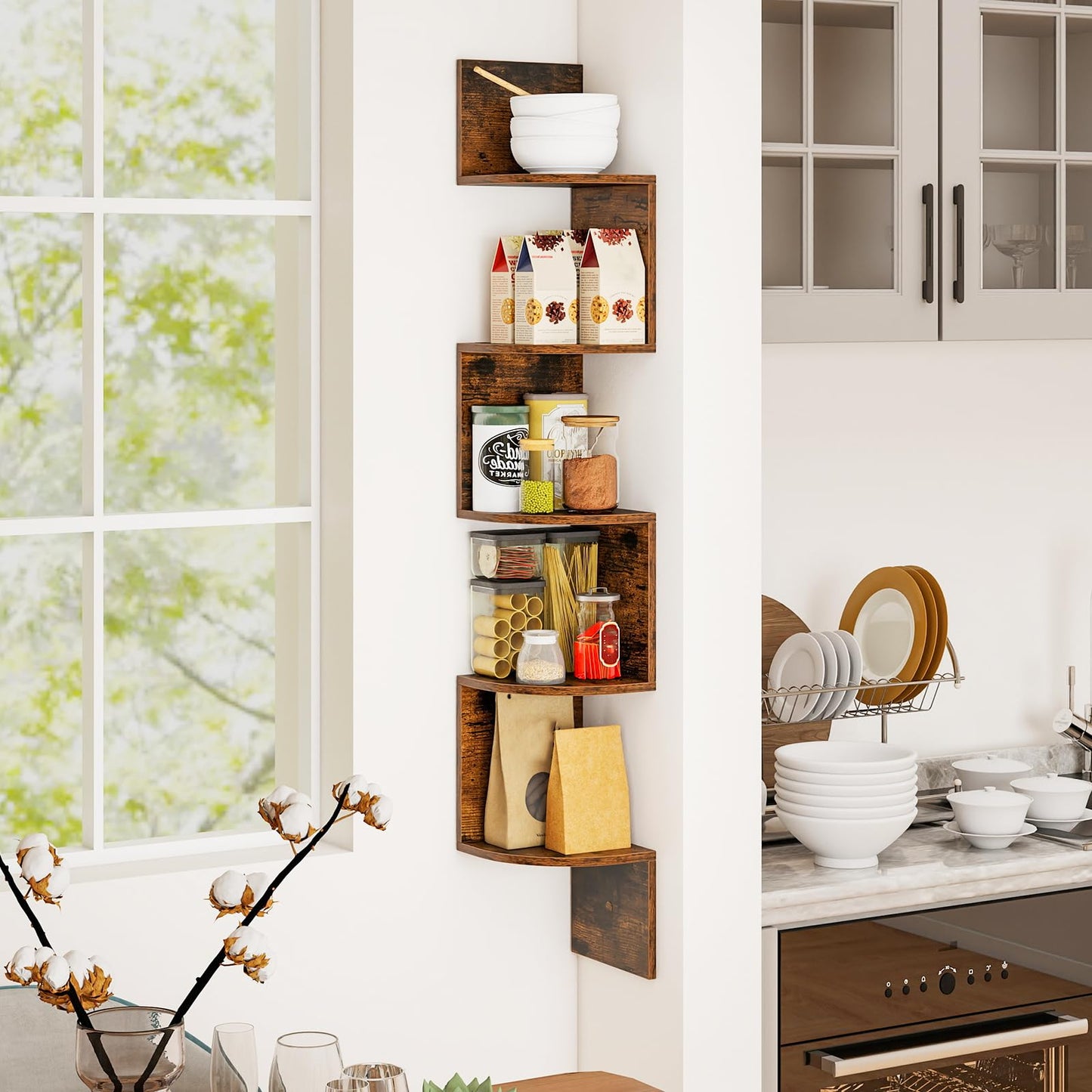 Tangkula 5-Tier Corner Shelf Wall Mount Farmhouse Floating Corner Bookshelf