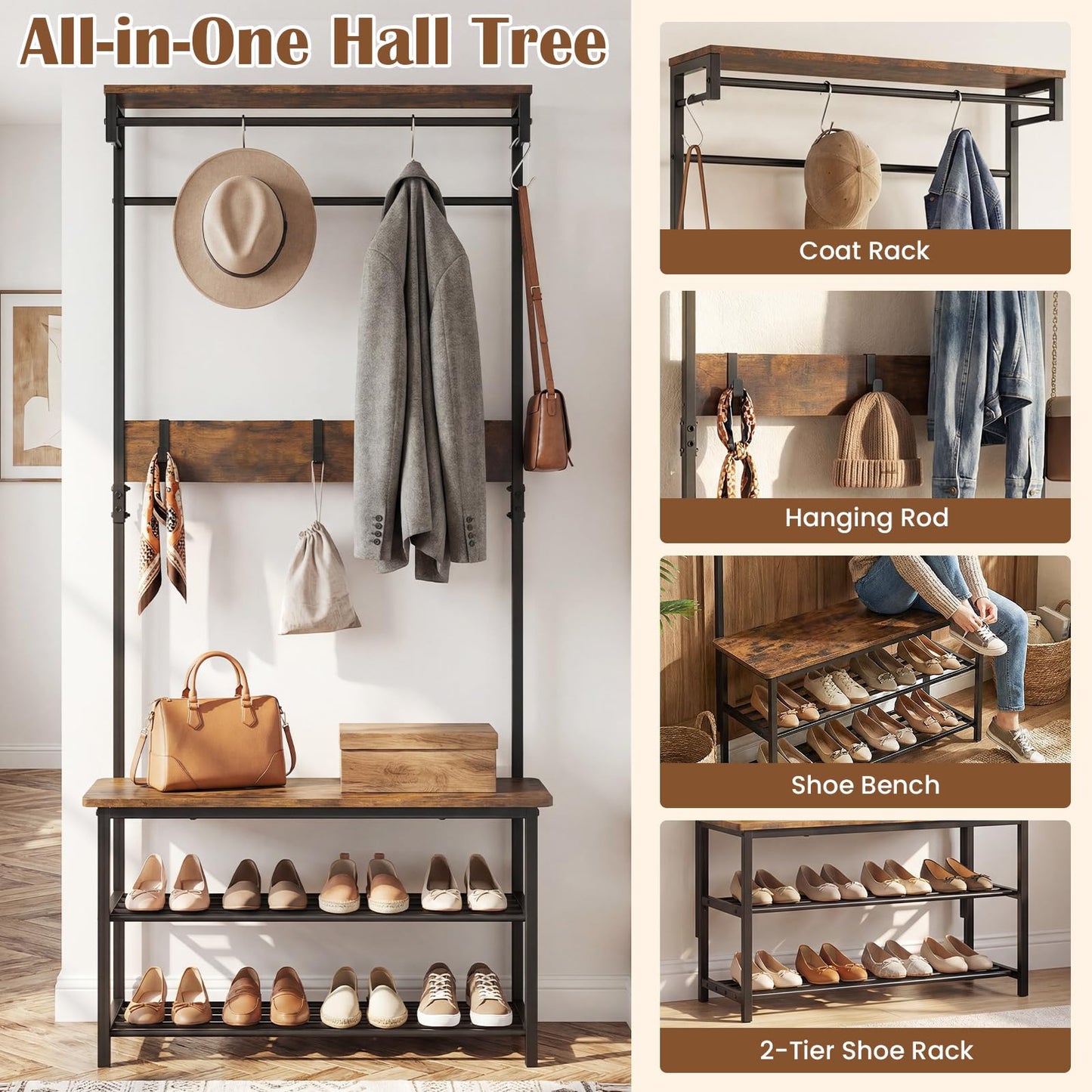 Tangkula Hall Tree with Bench and Shoe Storage for Entryway