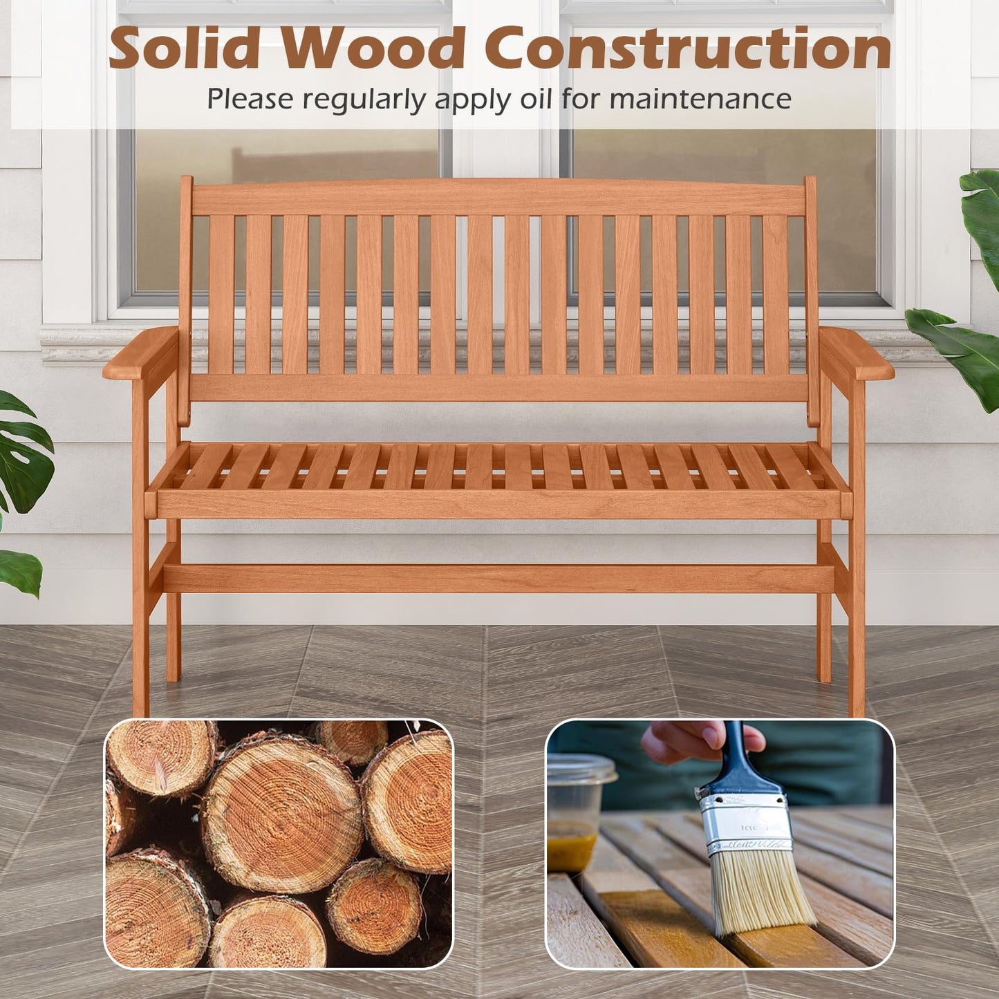 Tangkula Wooden Garden Bench 2-Person Patio Loveseat with Slatted Backrest and Comfortable Armrests
