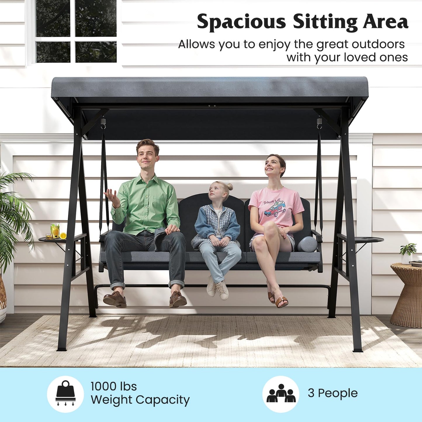 Tangkula 3 Person Porch Swing Outdoor Swing with Adjustable Canopy