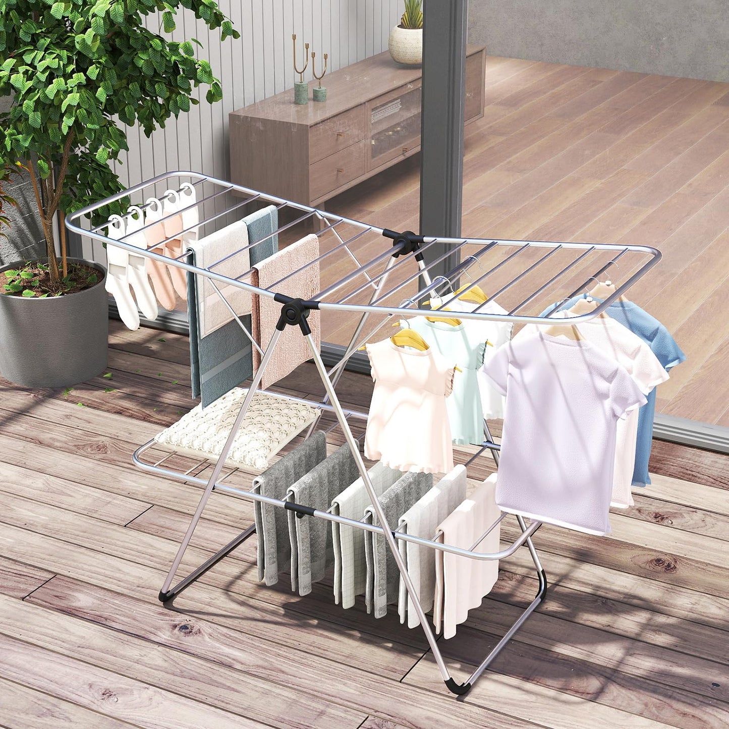 Tangkula 2-Level Heavy-Duty Aluminum Laundry Drying Rack Collapsible with Height-Adjustable Wings