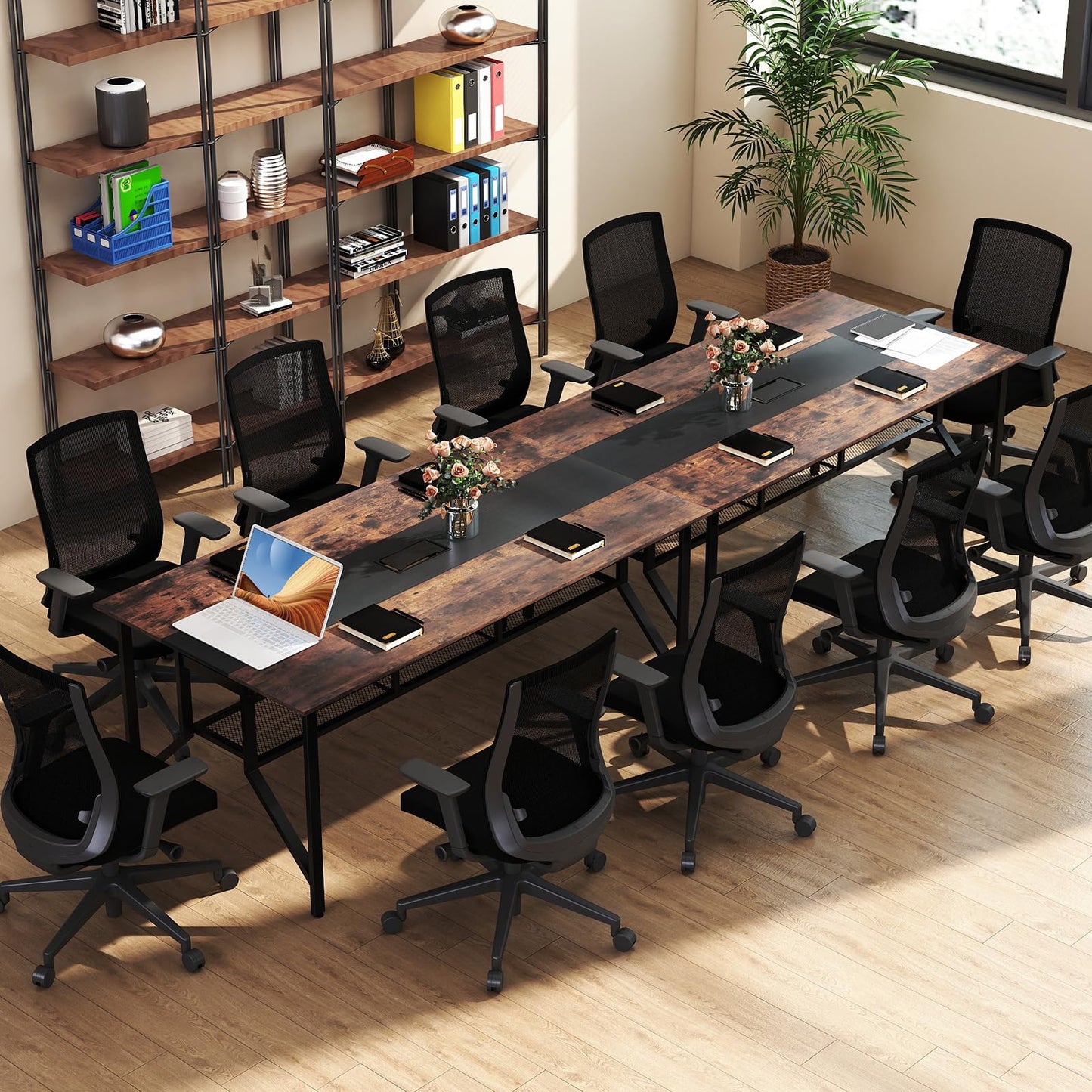 Tangkula 6 FT Rectangular Conference Table with Mesh Storage Shelf & Cable Grommet